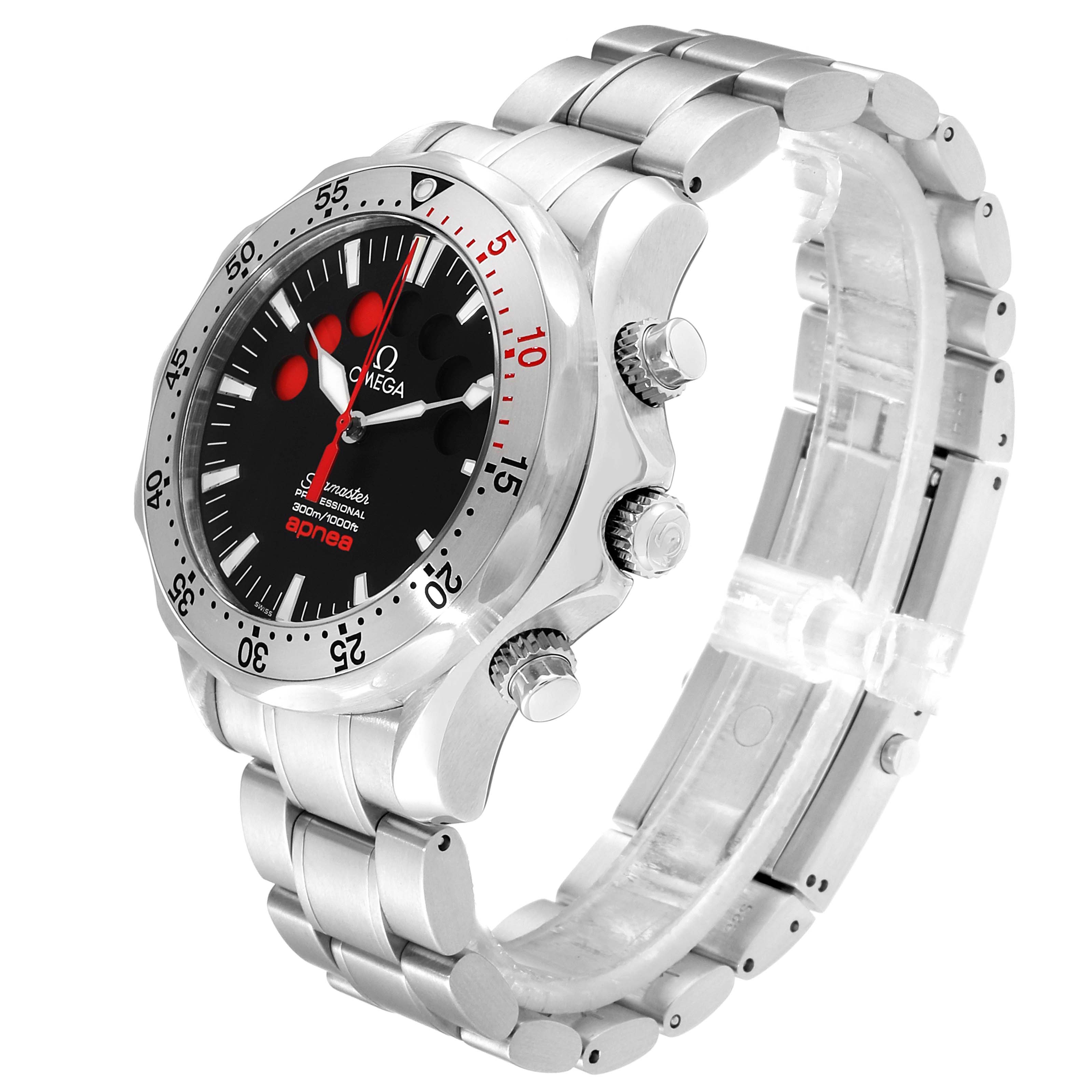 The image shows an angled side view of the Omega Seamaster 2595.50.00 Men's Stainless Steel Black Dial 2595.50.00 Men's Stainless Steel Black Dial watch, highlighting the dial, bezel, crown, and stainless steel bracelet.