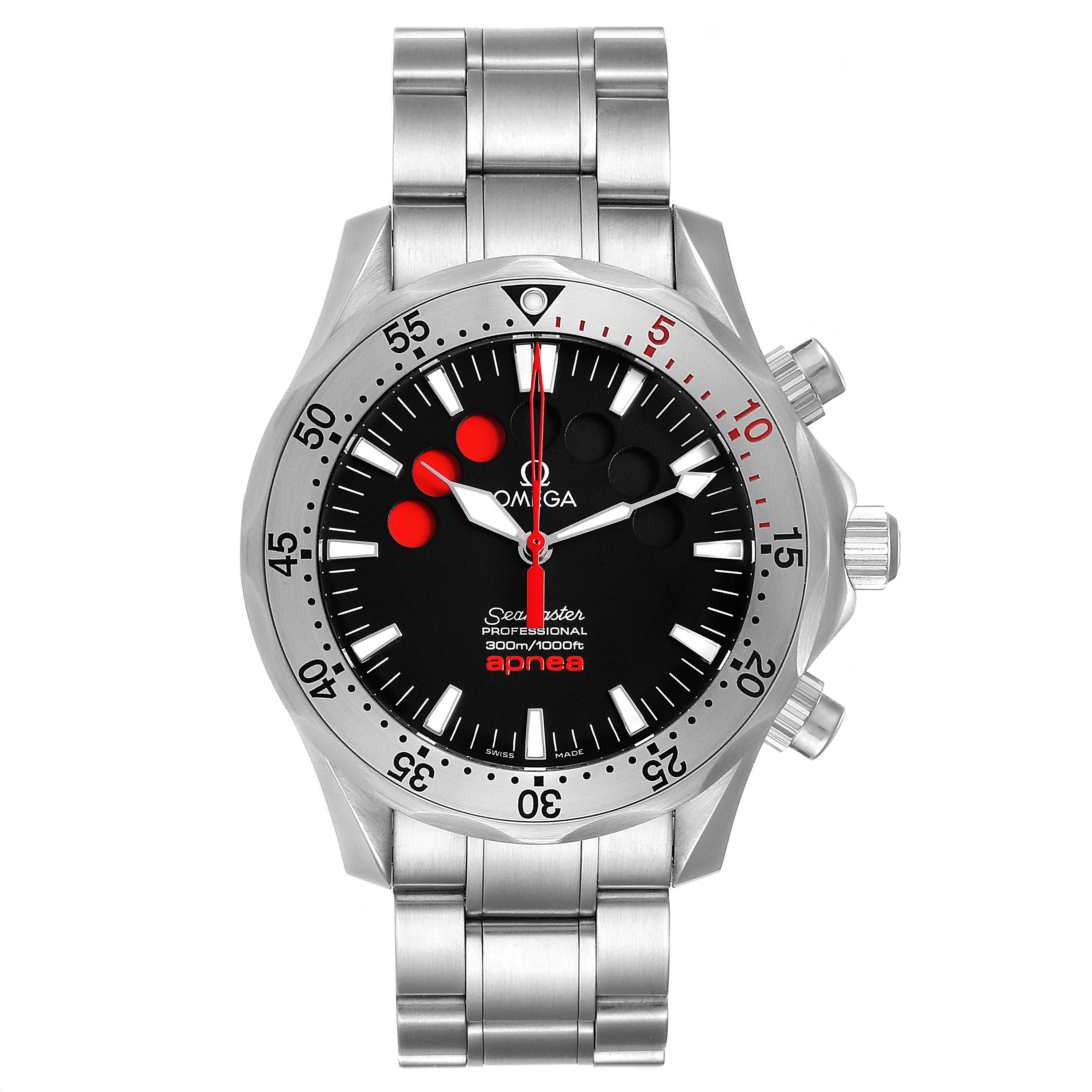 The image shows a front view of the Omega Seamaster 2595.50.00 Men's Stainless Steel Black Dial 2595.50.00 Men's Stainless Steel Black Dial Professional Apnea watch, displaying its bezel, dial, hands, and bracelet.
