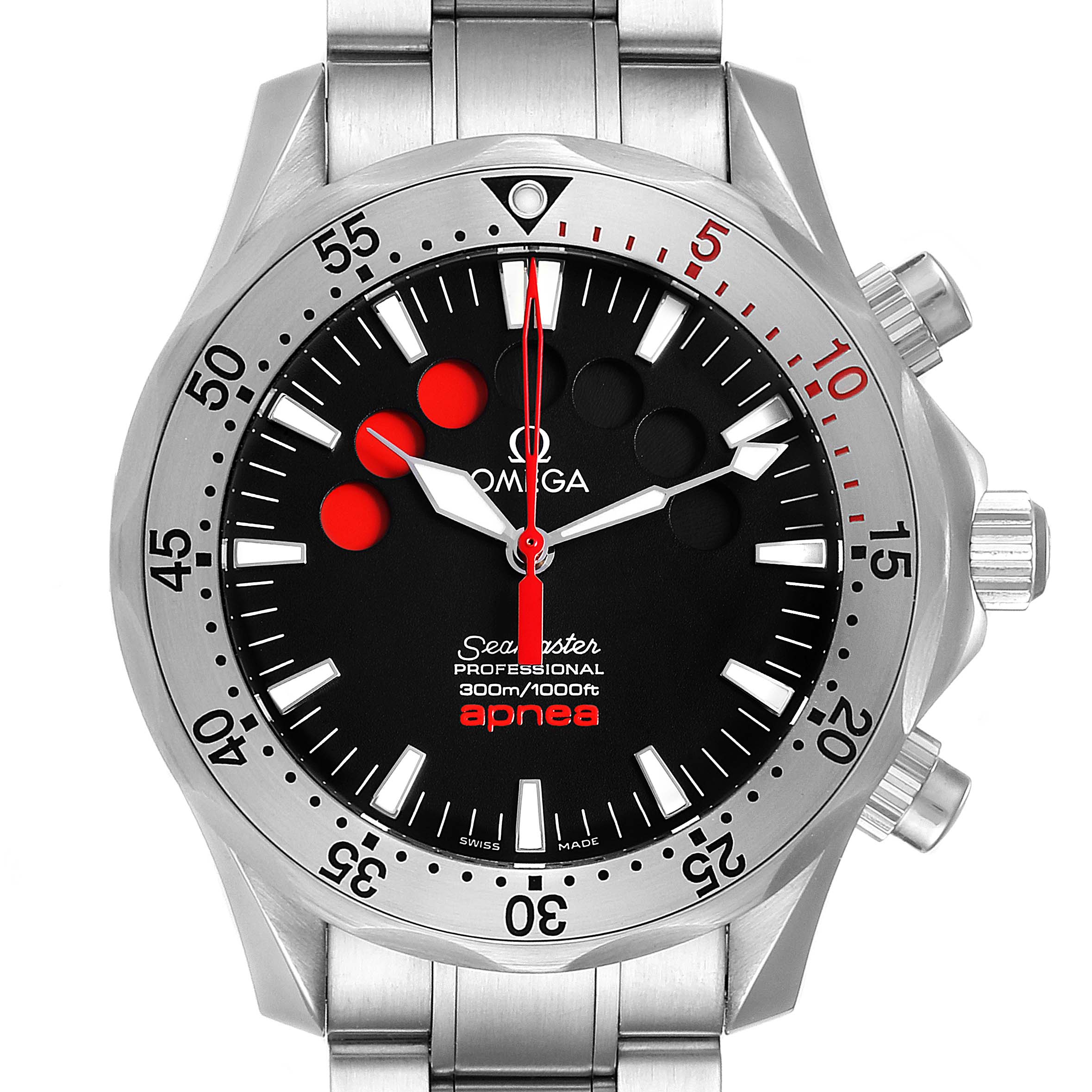 The image shows a front view of an Omega Seamaster 2595.50.00 Men's Stainless Steel Black Dial 2595.50.00 Men's Stainless Steel Black Dial watch, highlighting the dial, bezel, crown, and part of the bracelet.