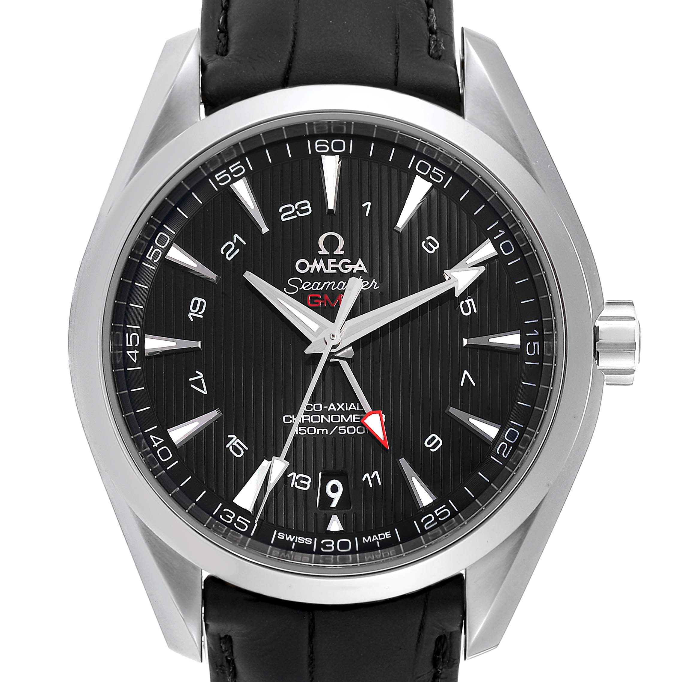 The Omega Aqua Terra 231.13.43.22.01.001  Men's Stainless Steel Black Dial 231.13.43.22.01.001  Men's Stainless Steel Black Dial watch is shown from a front angle, displaying its black dial, silver indices, and black leather strap.