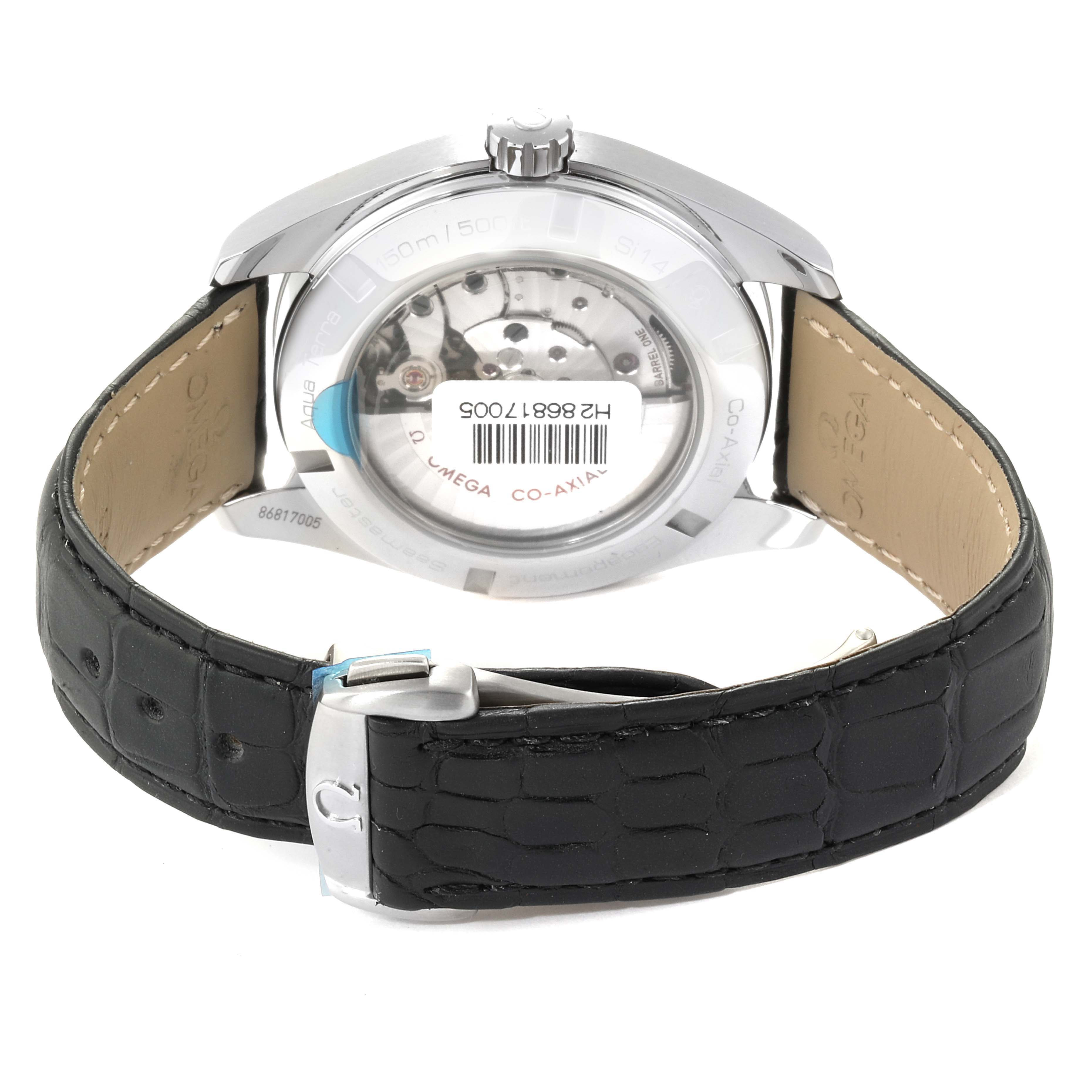 This image shows the back view of an Omega Aqua Terra 231.13.43.22.01.001  Men's Stainless Steel Black Dial 231.13.43.22.01.001  Men's Stainless Steel Black Dial watch, highlighting the case back, crown, and leather strap.