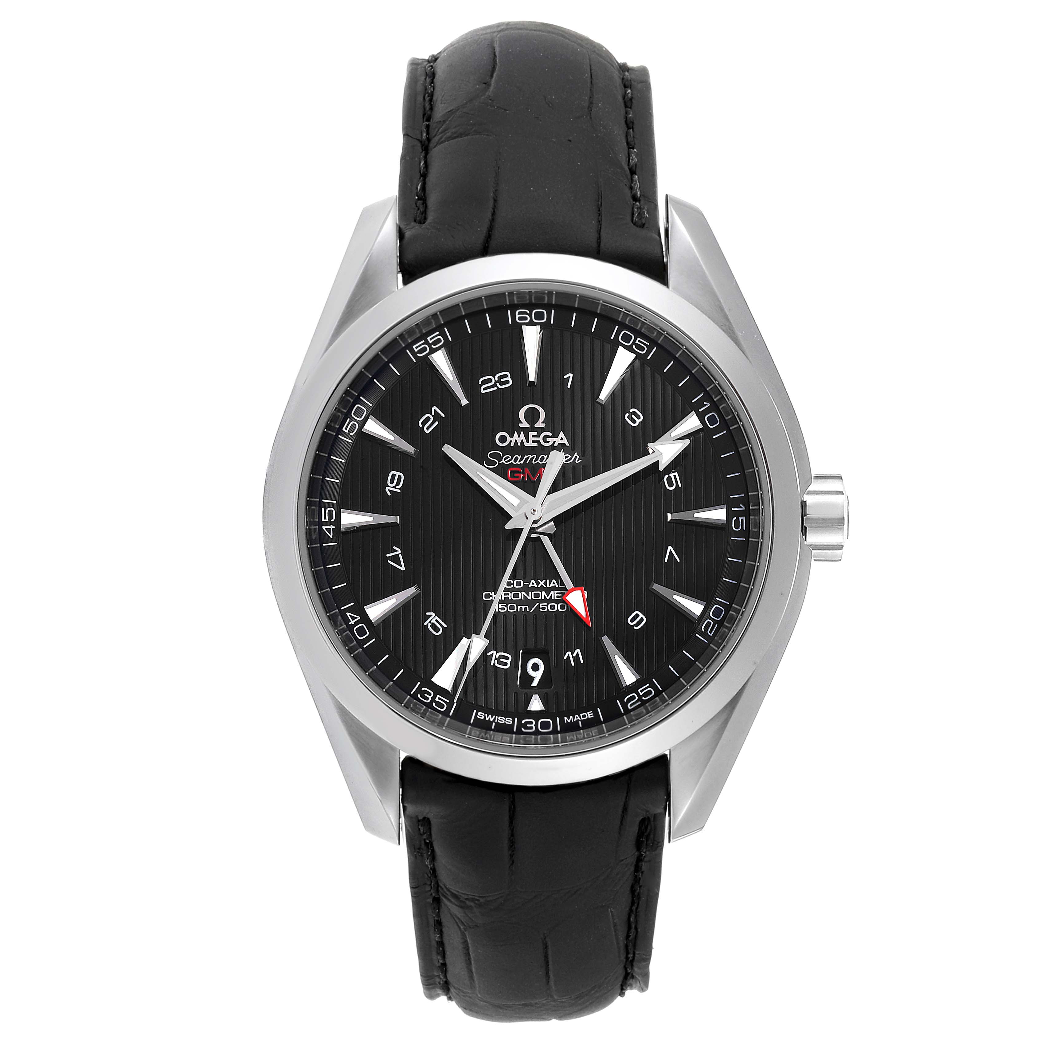 The image shows a front view of the Omega Aqua Terra 231.13.43.22.01.001  Men's Stainless Steel Black Dial 231.13.43.22.01.001  Men's Stainless Steel Black Dial watch, highlighting its black strap, black dial, and silver case.