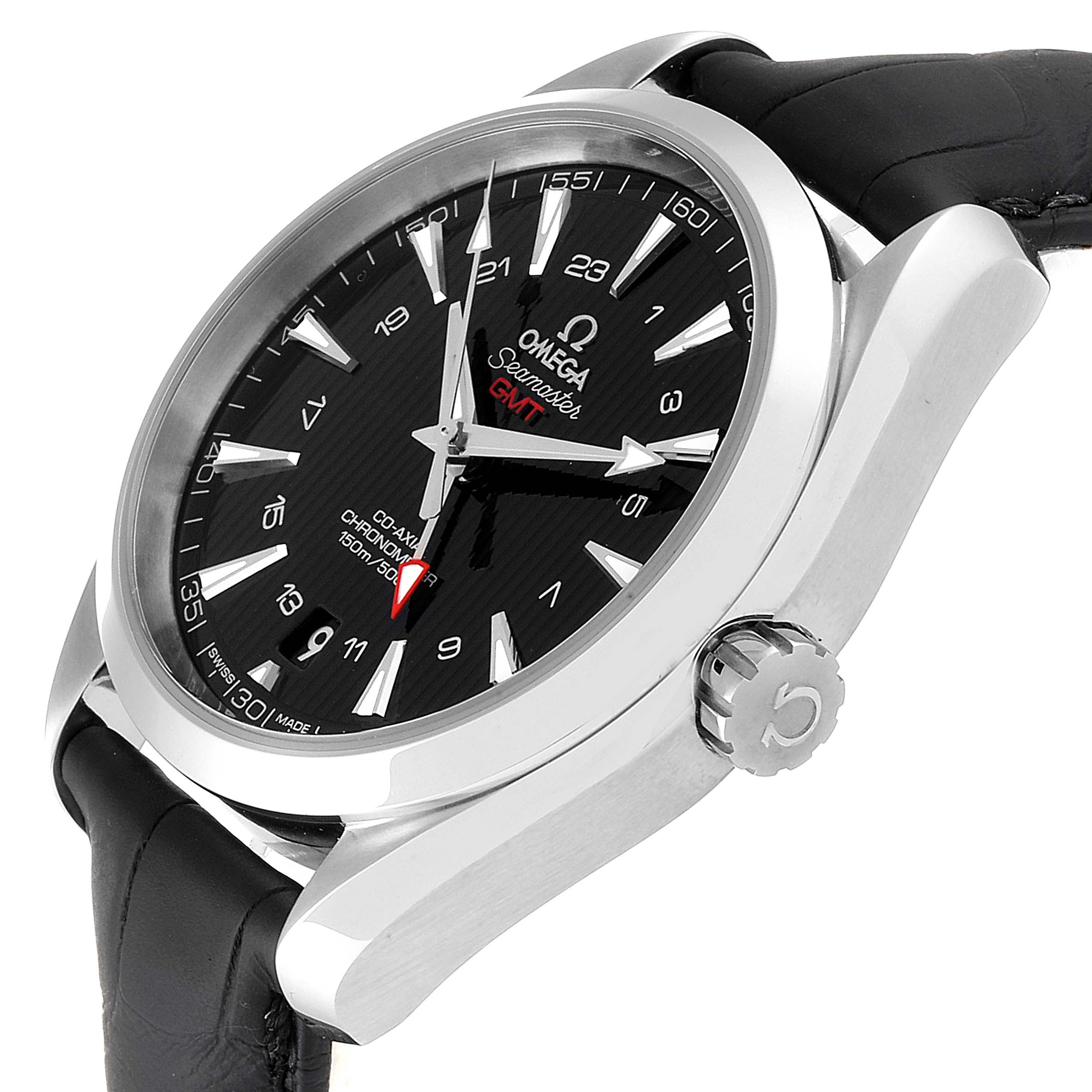 The image shows a side angle of the Omega Aqua Terra 231.13.43.22.01.001  Men's Stainless Steel Black Dial 231.13.43.22.01.001  Men's Stainless Steel Black Dial watch, highlighting its black dial, silver case, and crown.