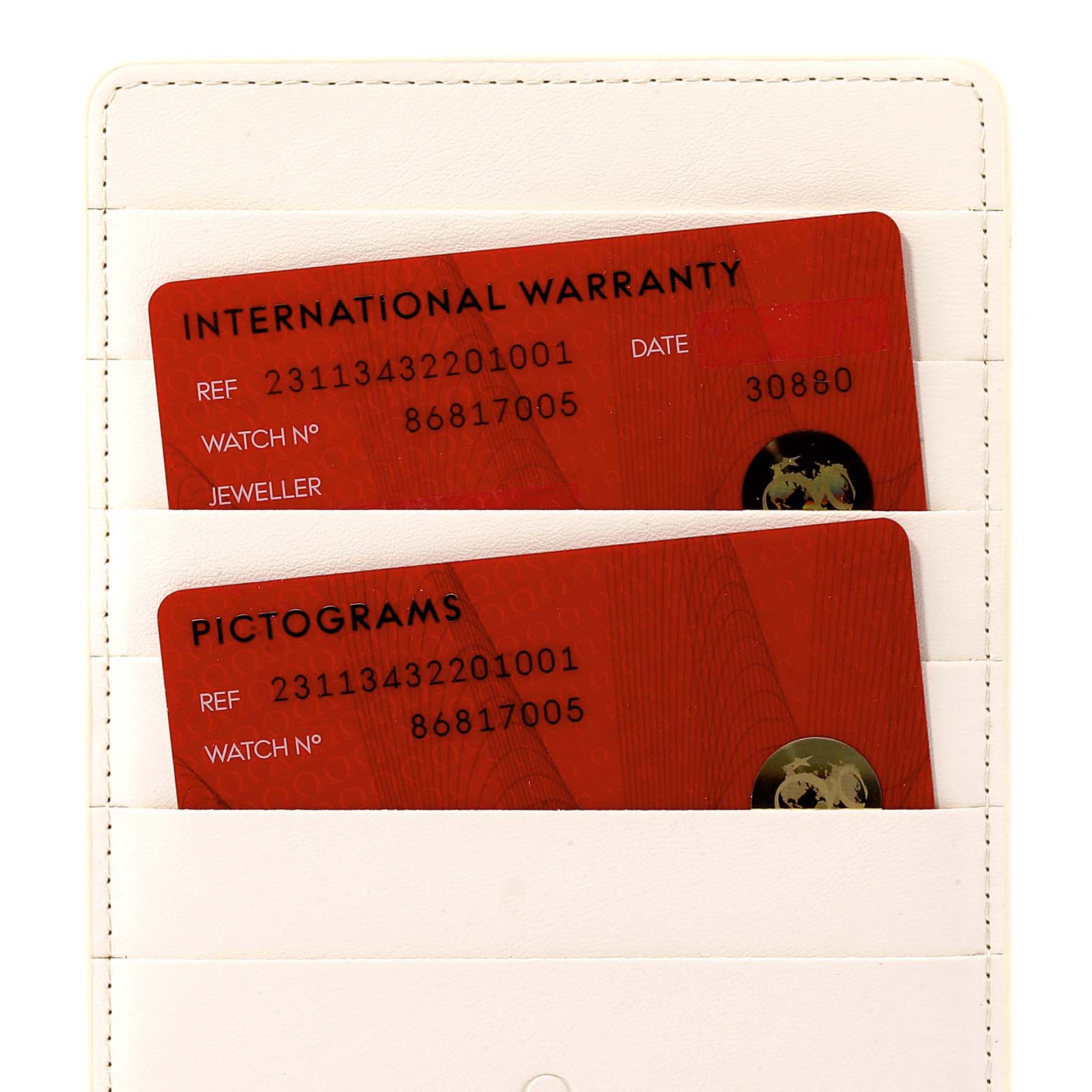 The image shows the International Warranty and Pictograms cards for the Omega Aqua Terra 231.13.43.22.01.001  Men's Stainless Steel Black Dial 231.13.43.22.01.001  Men's Stainless Steel Black Dial watch model.