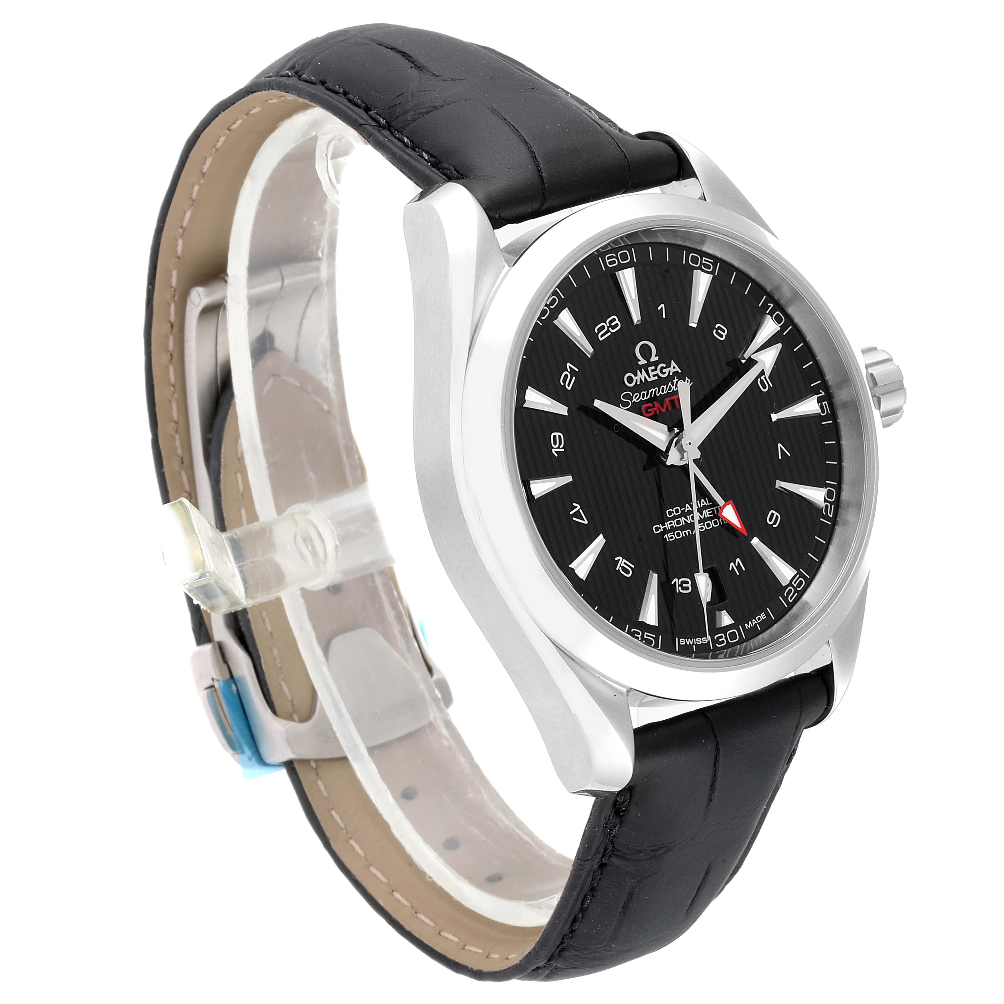 The image shows an Omega Aqua Terra 231.13.43.22.01.001  Men's Stainless Steel Black Dial 231.13.43.22.01.001  Men's Stainless Steel Black Dial watch at a three-quarter angle, highlighting the black dial with hands and markers, and the black leather strap.