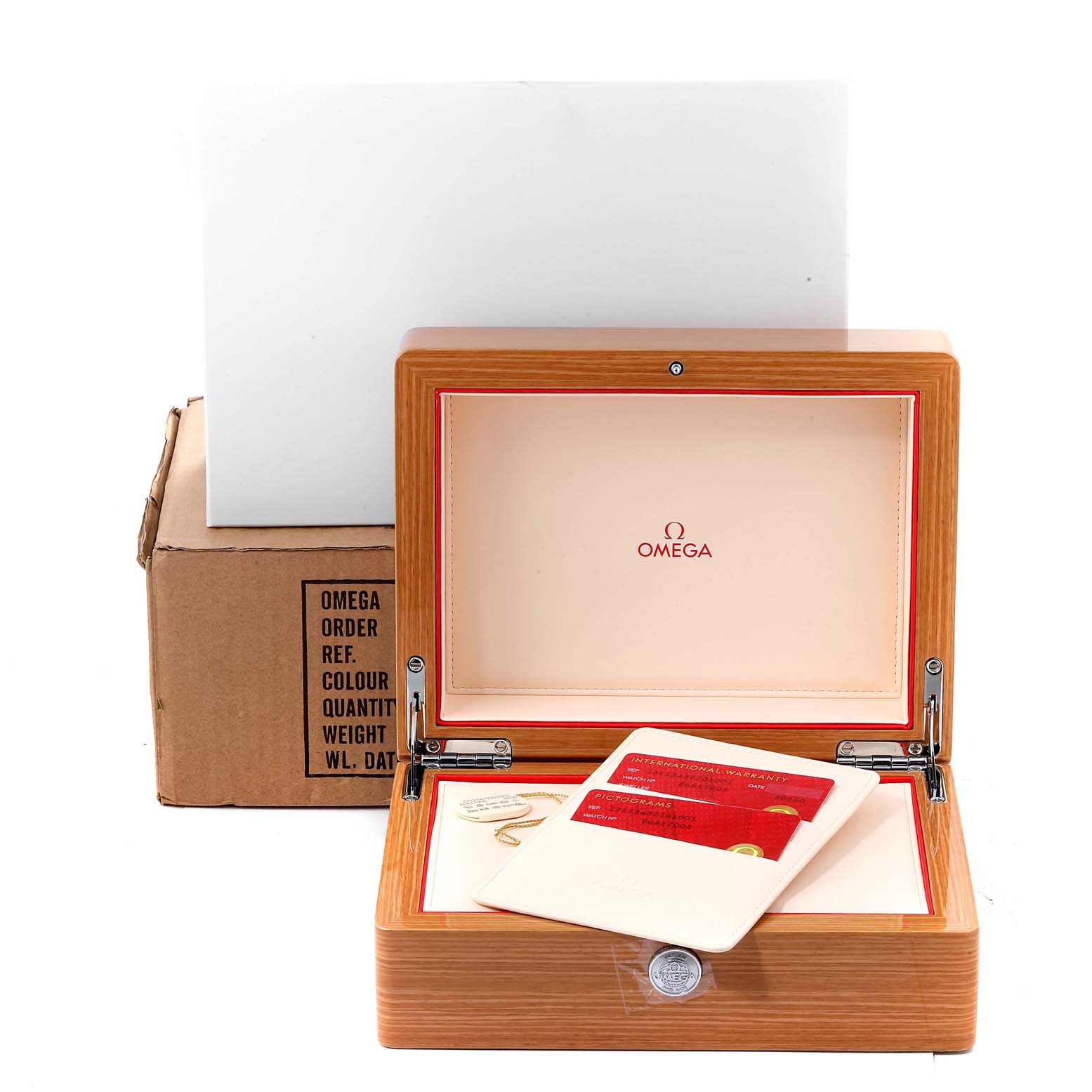 The image shows the open display box for the Omega Aqua Terra 231.13.43.22.01.001  Men's Stainless Steel Black Dial 231.13.43.22.01.001  Men's Stainless Steel Black Dial model, showcasing its inner compartments and documentation.