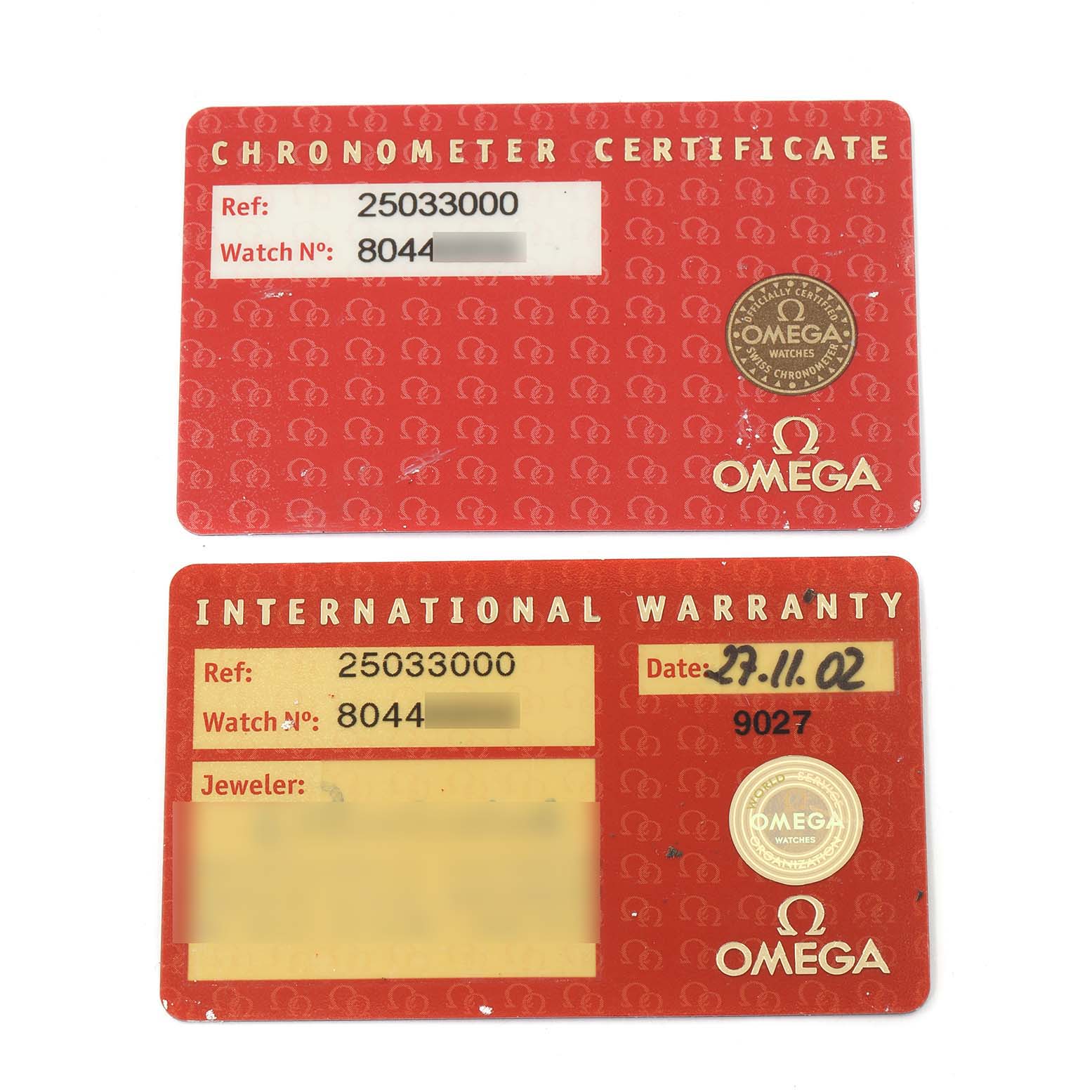 This image shows the chronometer certificate and international warranty card for the Omega Aqua Terra 2503.30.00 Men
s Stainless Steel Silver Dial 2503.30.00 Men
s Stainless Steel Silver Dial model watch.