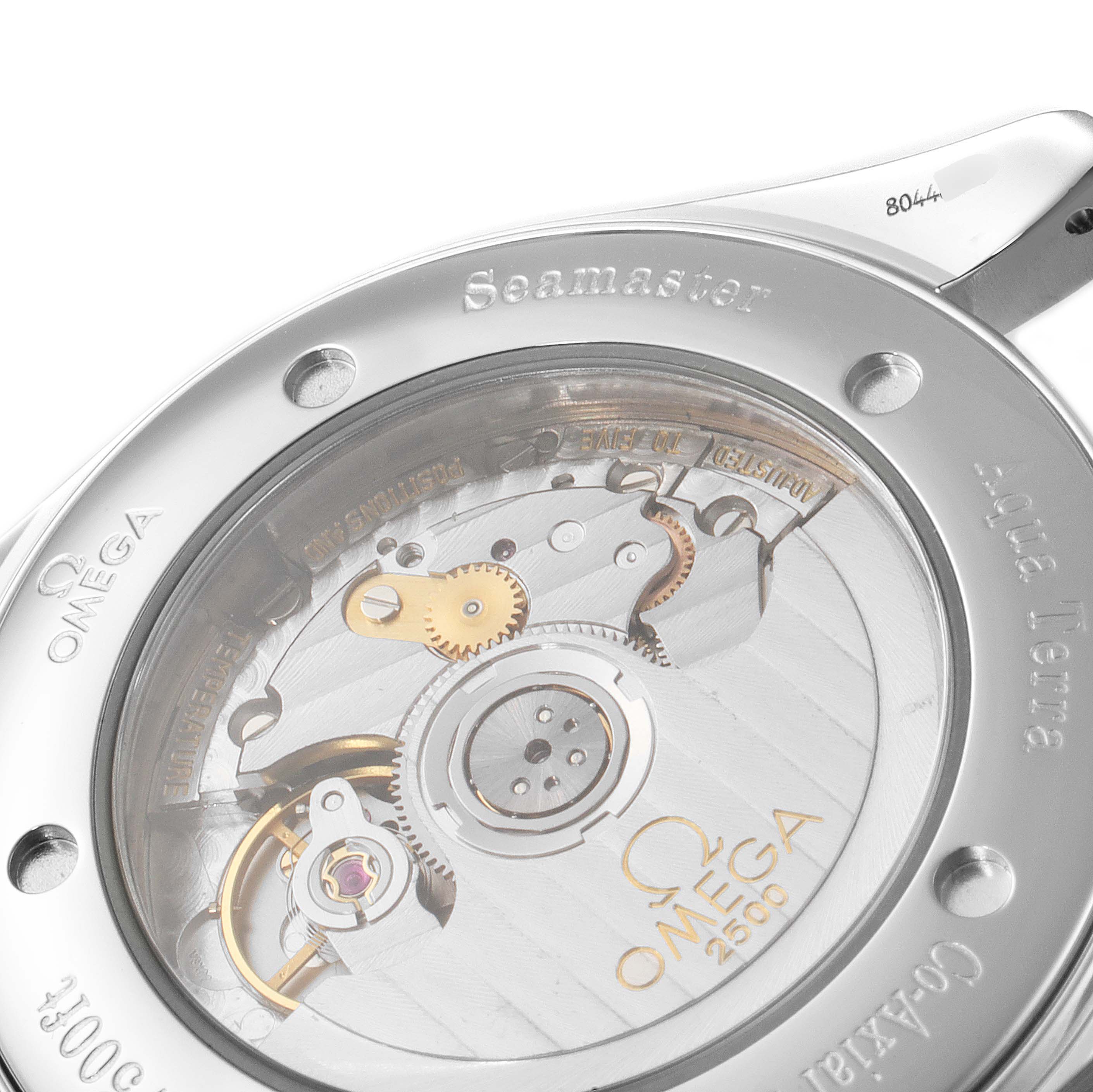 The image shows the case back view of an Omega Seamaster Aqua Terra watch, revealing its internal mechanism.