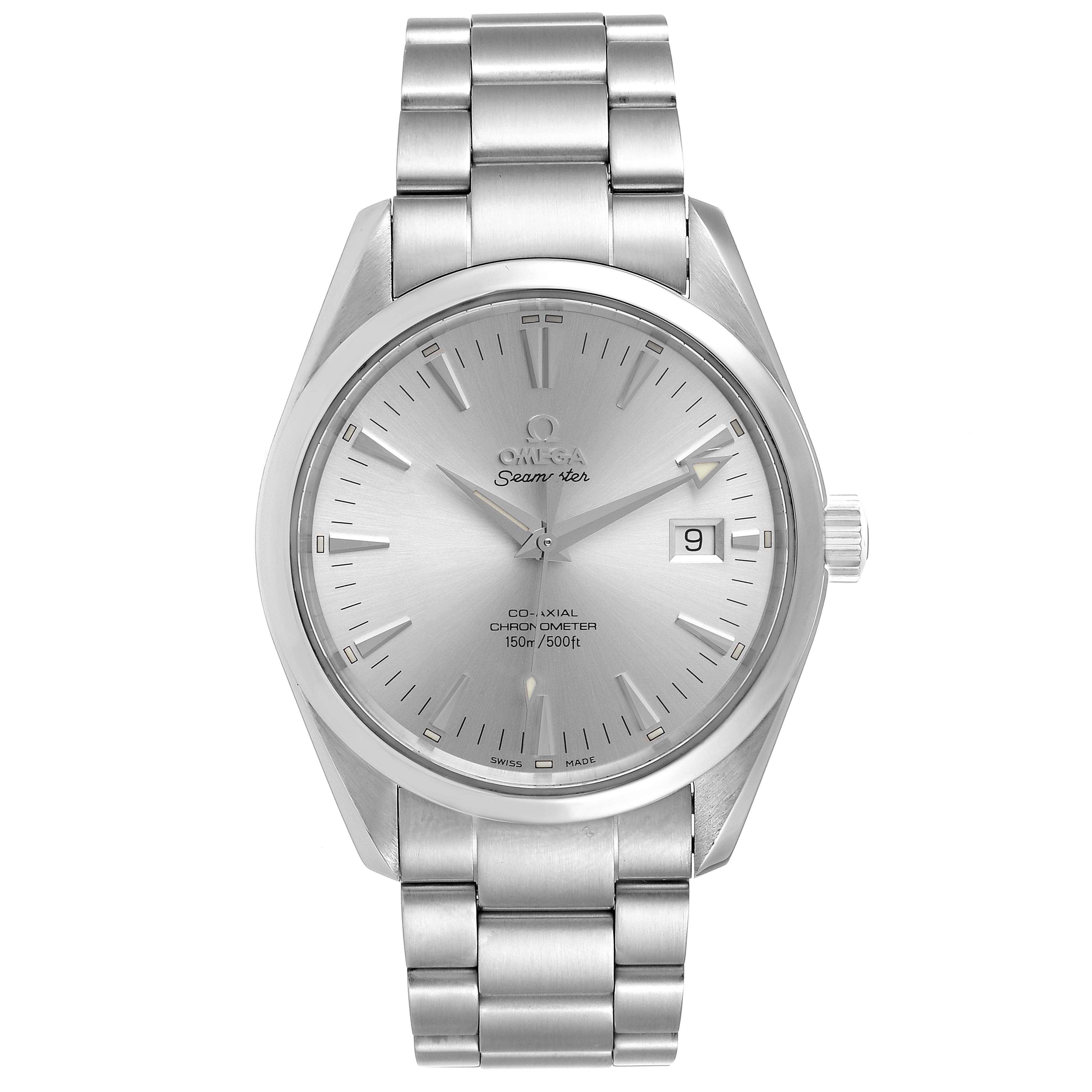 The image shows a frontal view of an Omega Aqua Terra 2503.30.00 Men
s Stainless Steel Silver Dial 2503.30.00 Men
s Stainless Steel Silver Dial watch, highlighting the face, bezel, and stainless steel bracelet.