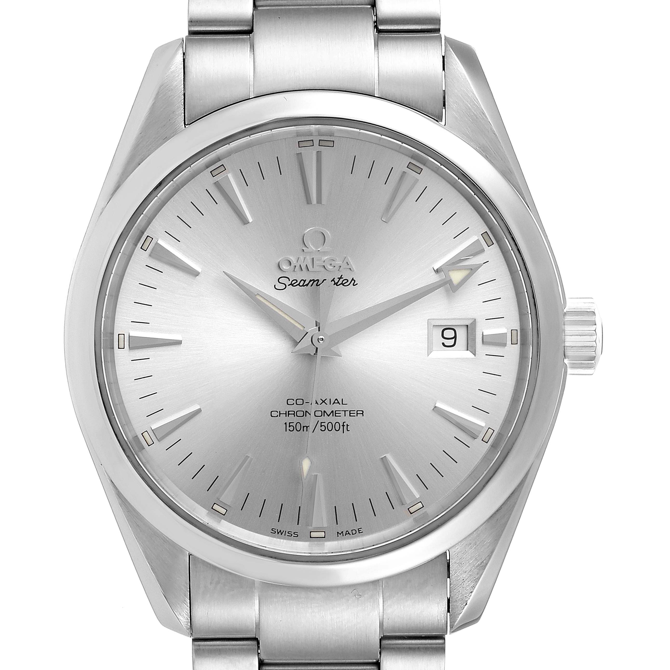 This image shows a frontal view of the Omega Aqua Terra 2503.30.00 Men
s Stainless Steel Silver Dial 2503.30.00 Men
s Stainless Steel Silver Dial watch, highlighting its dial, hands, date window, and metal bracelet.