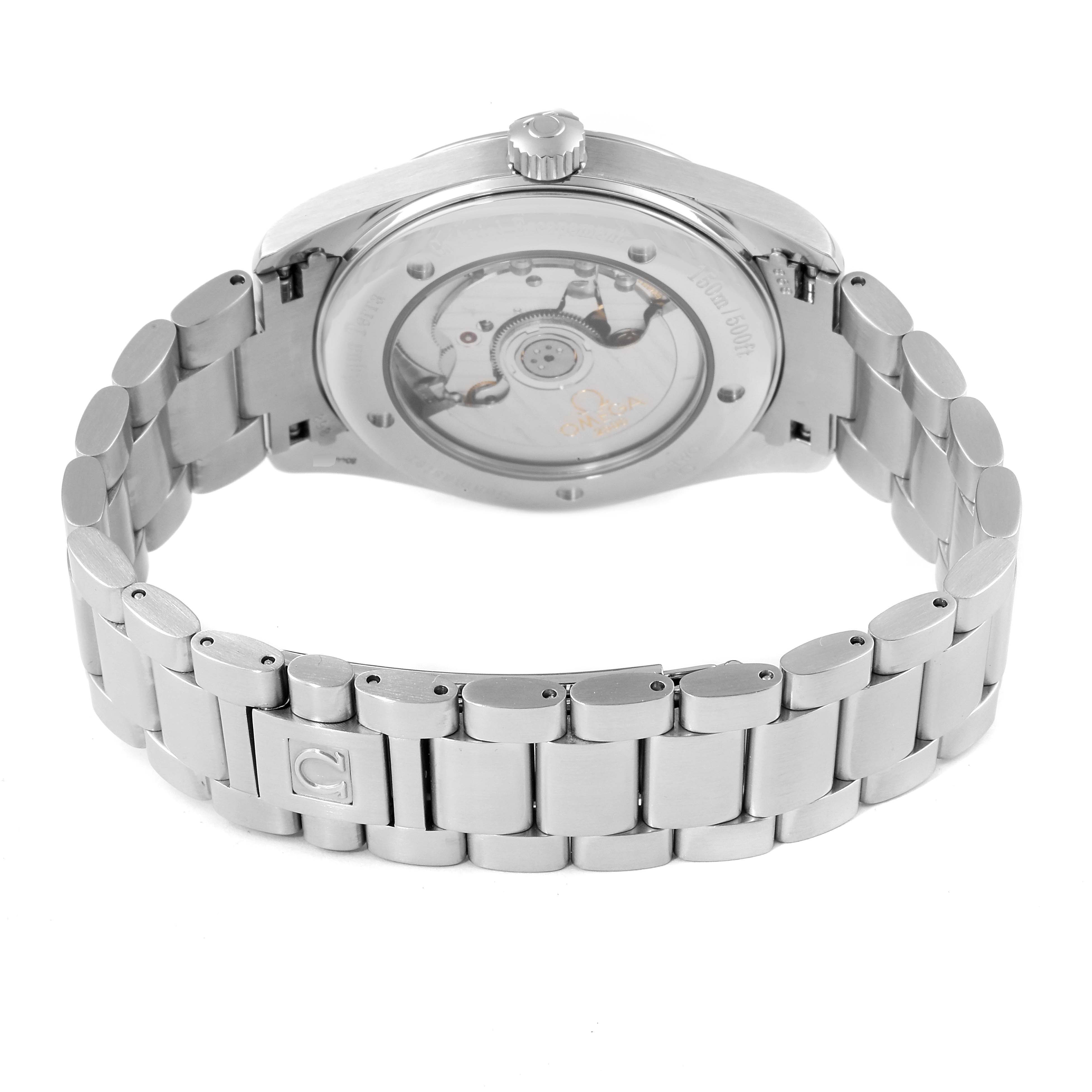 The image shows the back view of an Omega Aqua Terra 2503.30.00 Men
s Stainless Steel Silver Dial 2503.30.00 Men
s Stainless Steel Silver Dial watch, highlighting its stainless steel bracelet and exhibition case back.