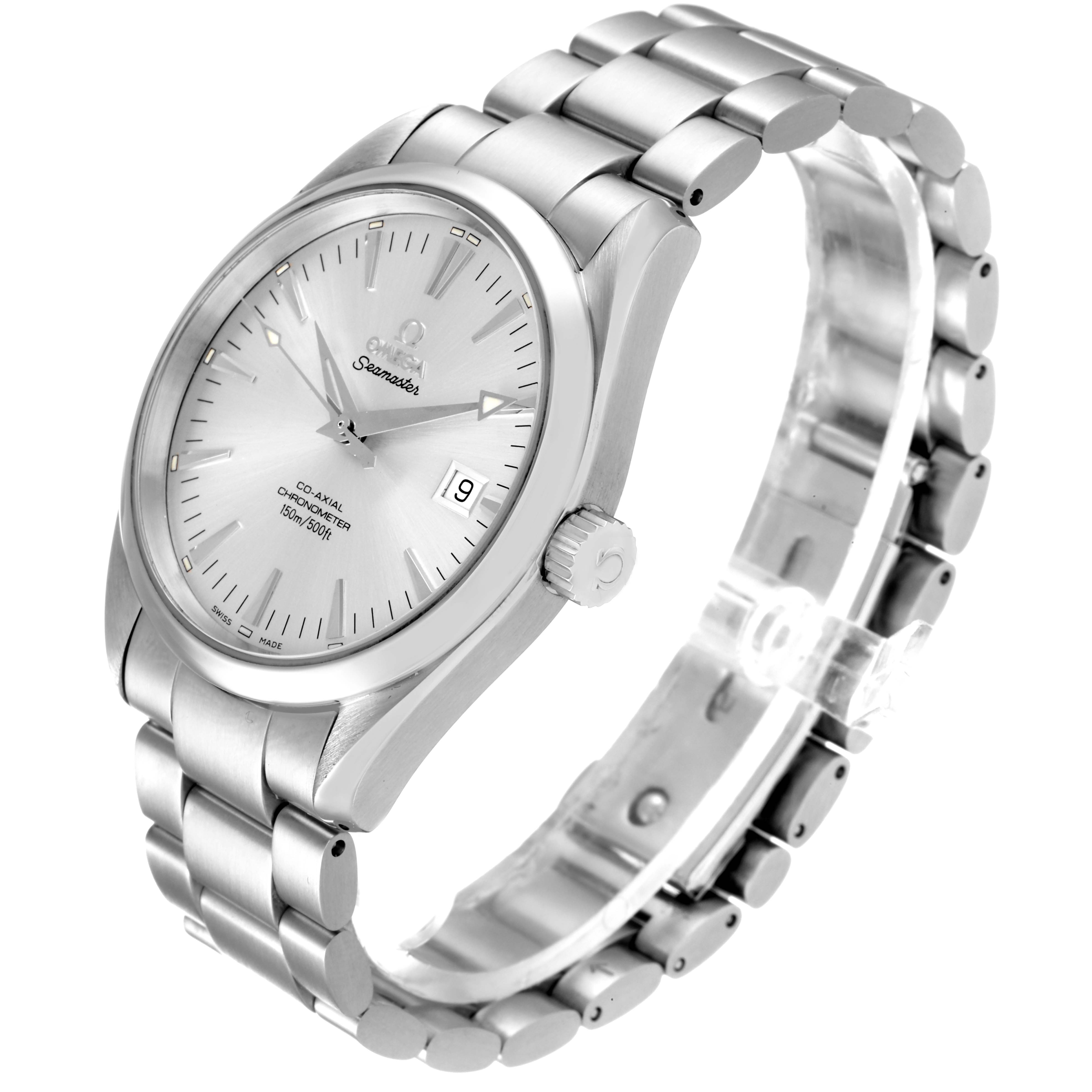 The image shows the Omega Aqua Terra 2503.30.00 Men
s Stainless Steel Silver Dial 2503.30.00 Men
s Stainless Steel Silver Dial watch at a slight angle, highlighting its face, bezel, crown, and metal bracelet.