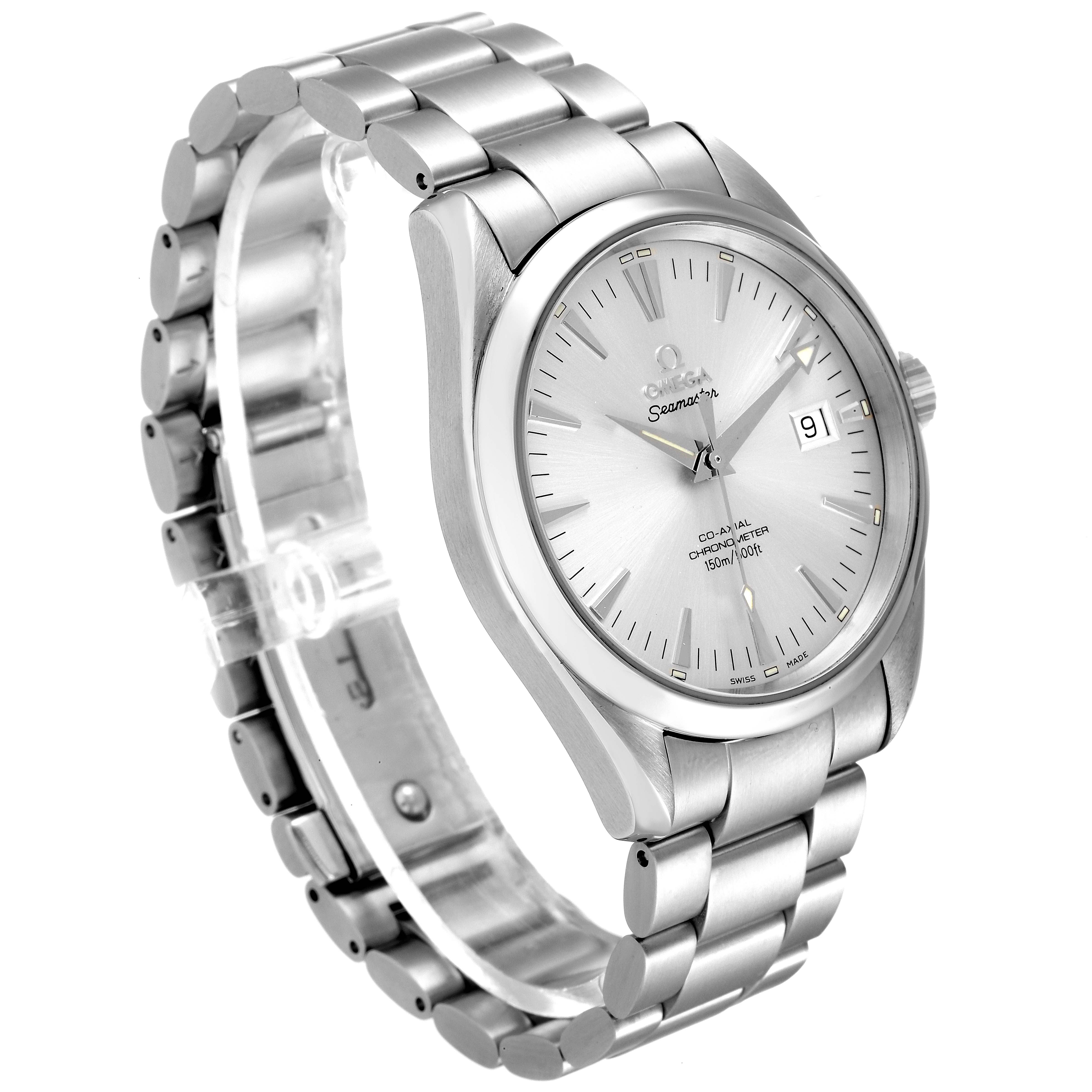 The image shows a side angle of the Omega Aqua Terra 2503.30.00 Men
s Stainless Steel Silver Dial 2503.30.00 Men
s Stainless Steel Silver Dial model watch, highlighting the face, bezel, and metal bracelet.