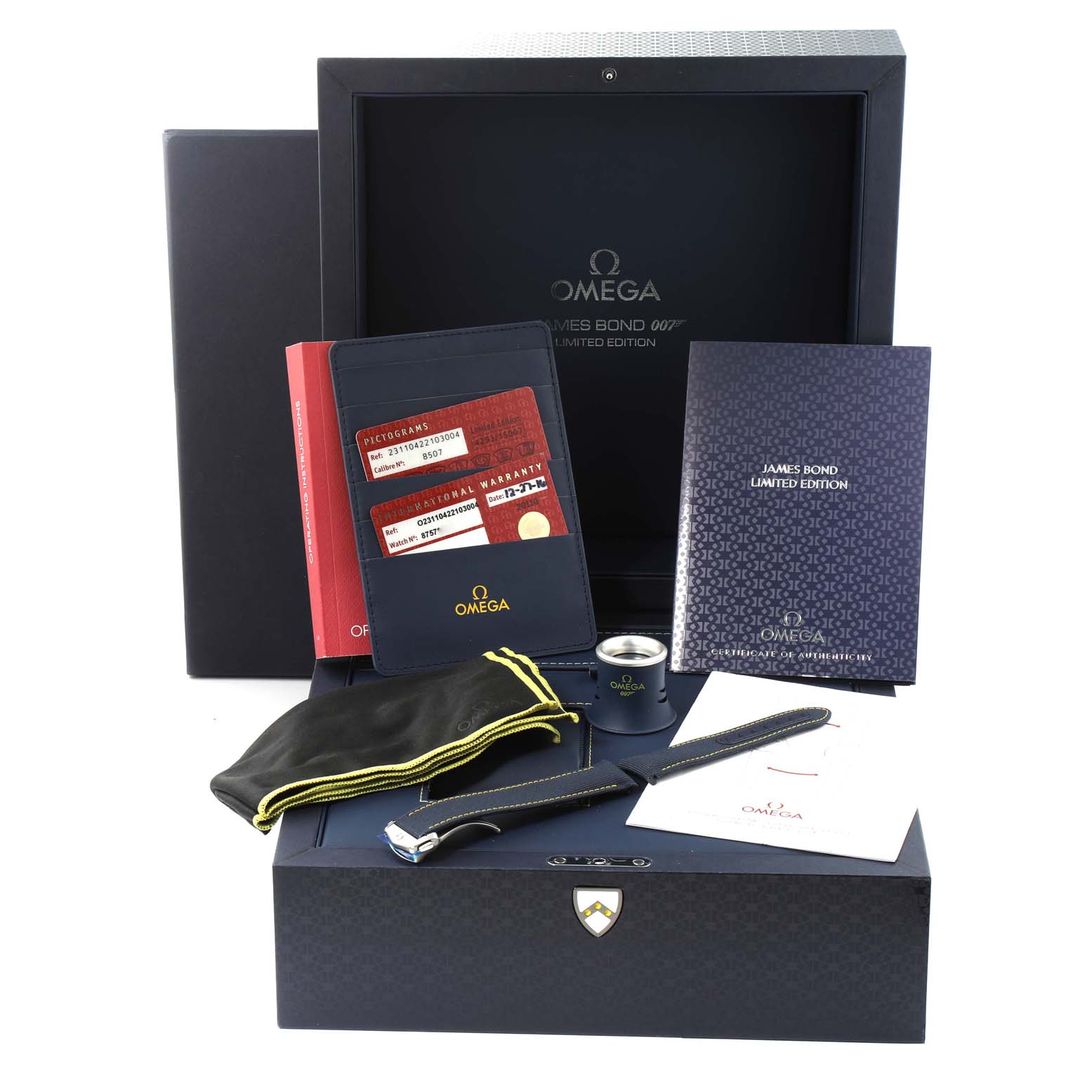 The image shows the Omega Aqua Terra 231.10.42.21.03.004 Men's Stainless Steel Blue Dial 231.10.42.21.03.004 Men's Stainless Steel Blue Dial 007 Limited Edition watch box set with accessories, documents, and warranty cards.