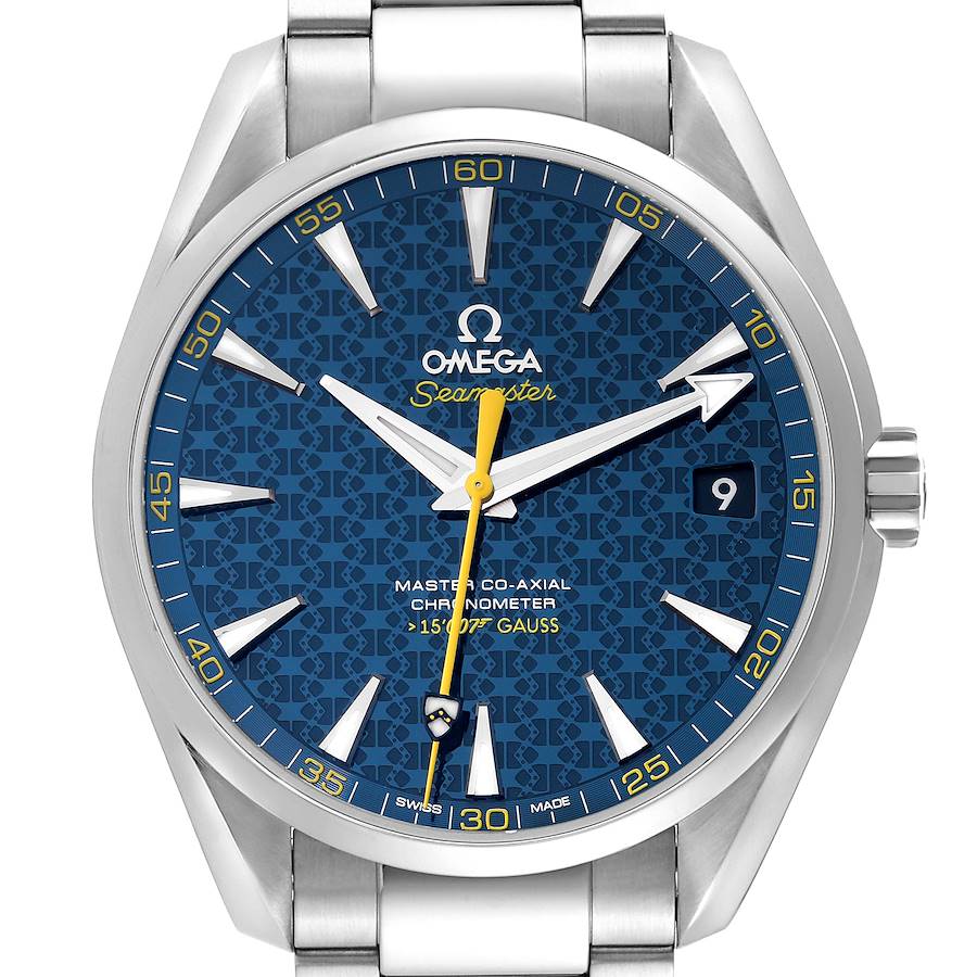 This image shows the front view of the Omega Aqua Terra model, displaying its blue dial and stainless steel bracelet.