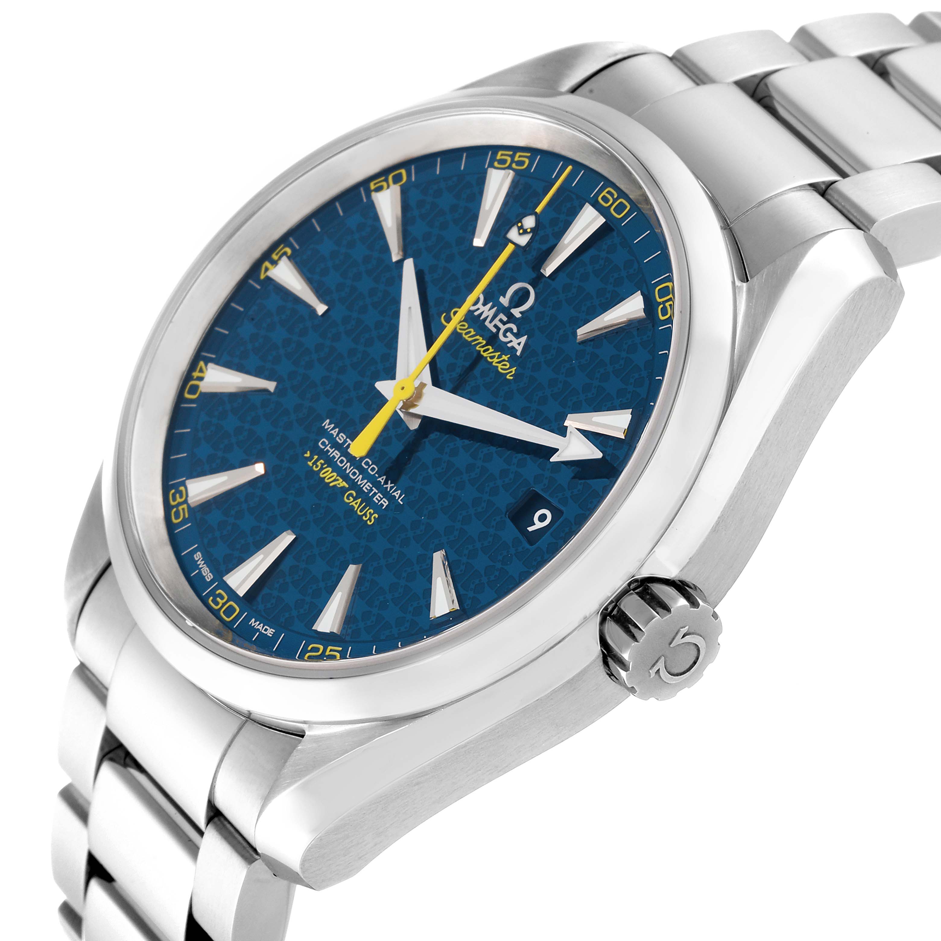 The image shows an angled side view of the Omega Aqua Terra 231.10.42.21.03.004 Men's Stainless Steel Blue Dial 231.10.42.21.03.004 Men's Stainless Steel Blue Dial watch, highlighting the dial, bezel, crown, and metal bracelet.