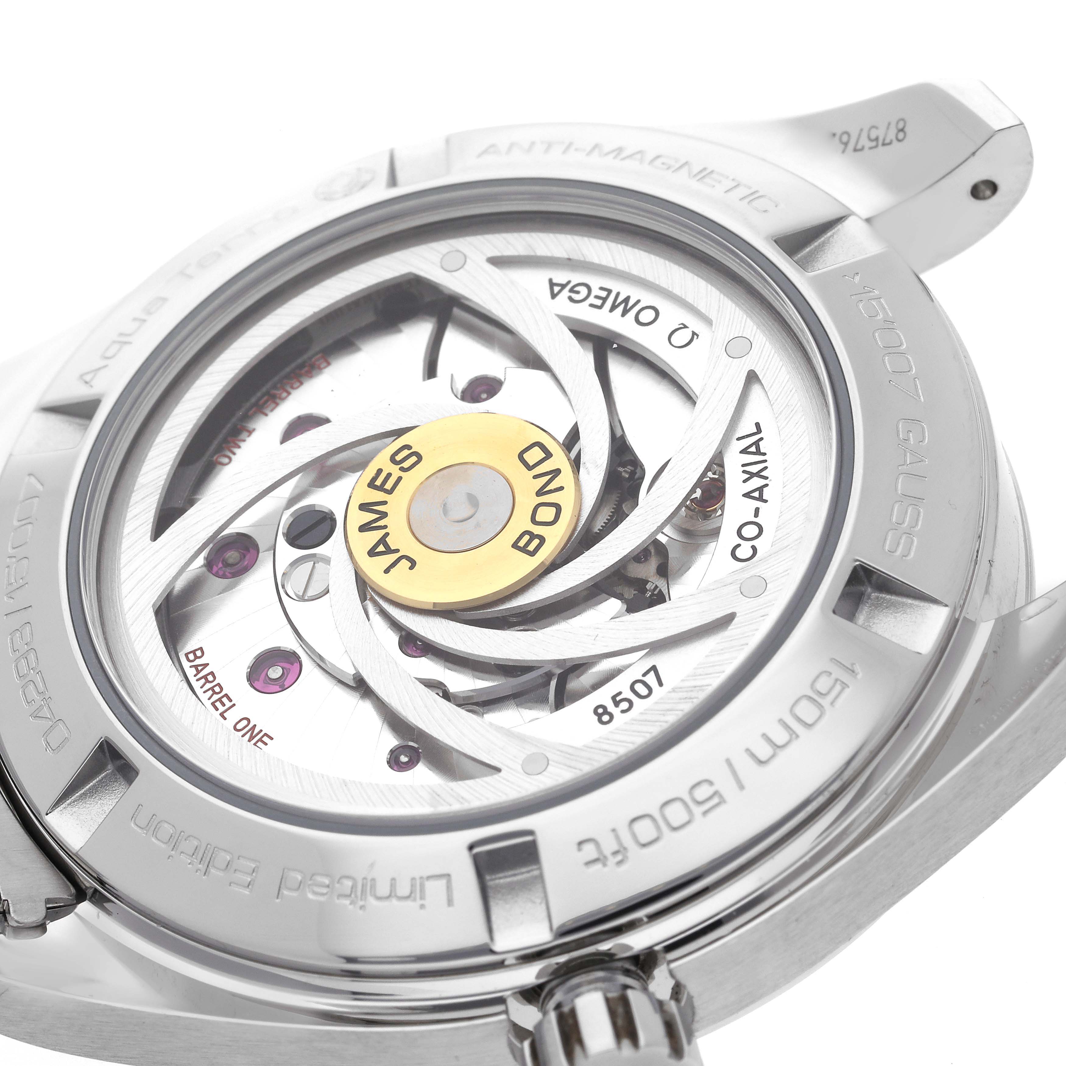 The image shows the rear view of the Omega Aqua Terra 231.10.42.21.03.004 Men's Stainless Steel Blue Dial 231.10.42.21.03.004 Men's Stainless Steel Blue Dial watch, highlighting its movement and engravings.