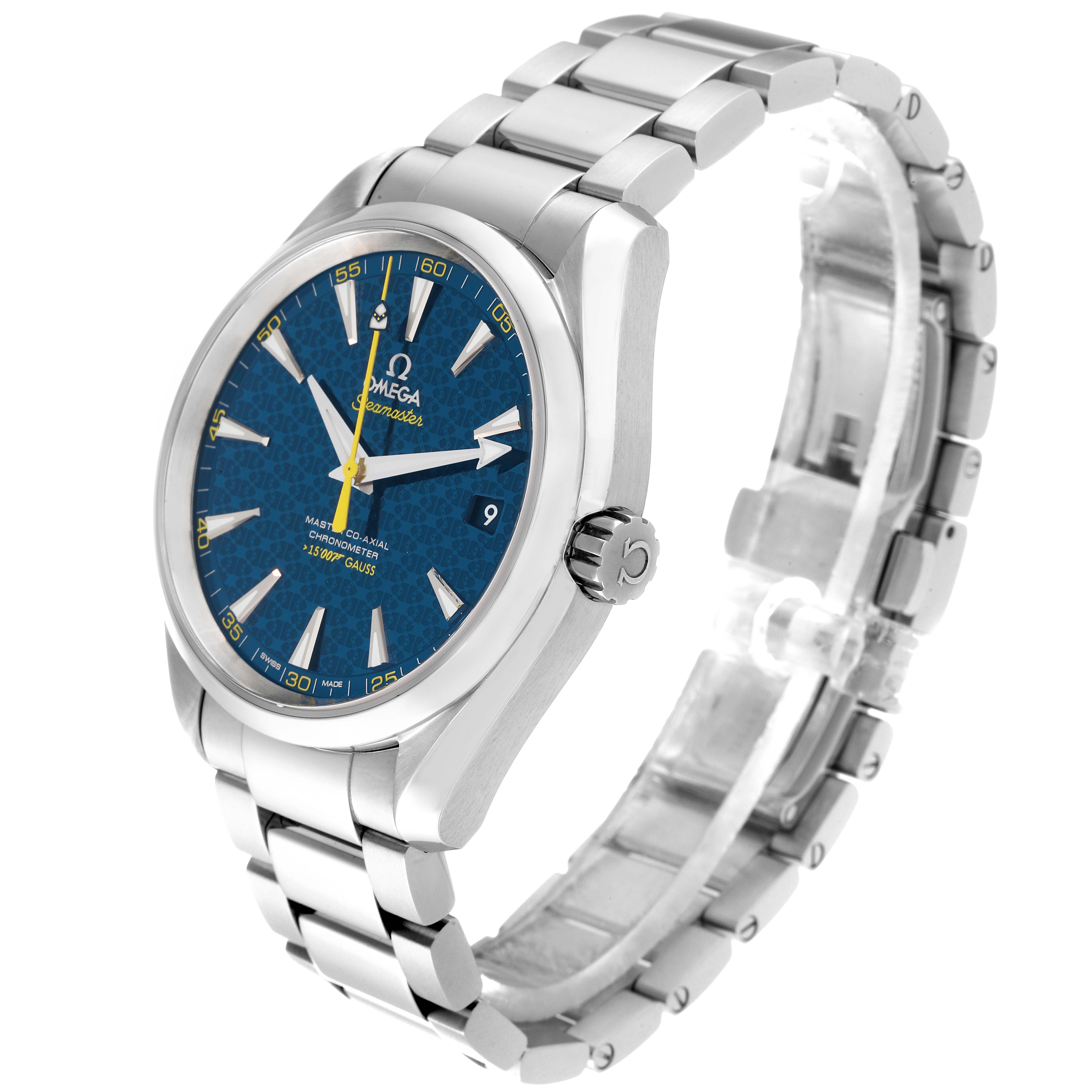 The angled view of the Omega Aqua Terra 231.10.42.21.03.004 Men's Stainless Steel Blue Dial 231.10.42.21.03.004 Men's Stainless Steel Blue Dial watch shows its face, bracelet, and crown clearly.