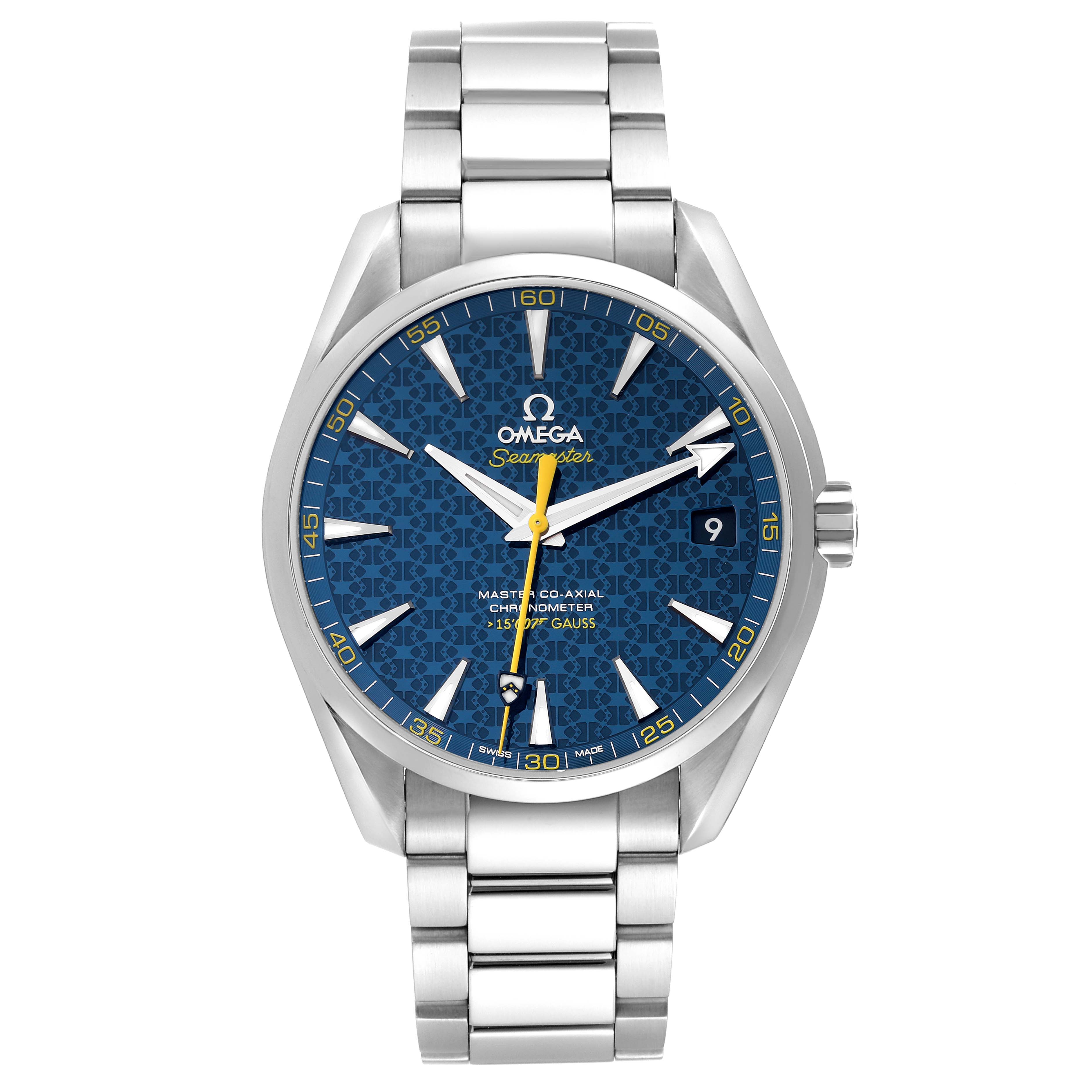 The image shows the front view of the Omega Aqua Terra 231.10.42.21.03.004 Men's Stainless Steel Blue Dial 231.10.42.21.03.004 Men's Stainless Steel Blue Dial watch, including its face, hands, date display, and metal bracelet.