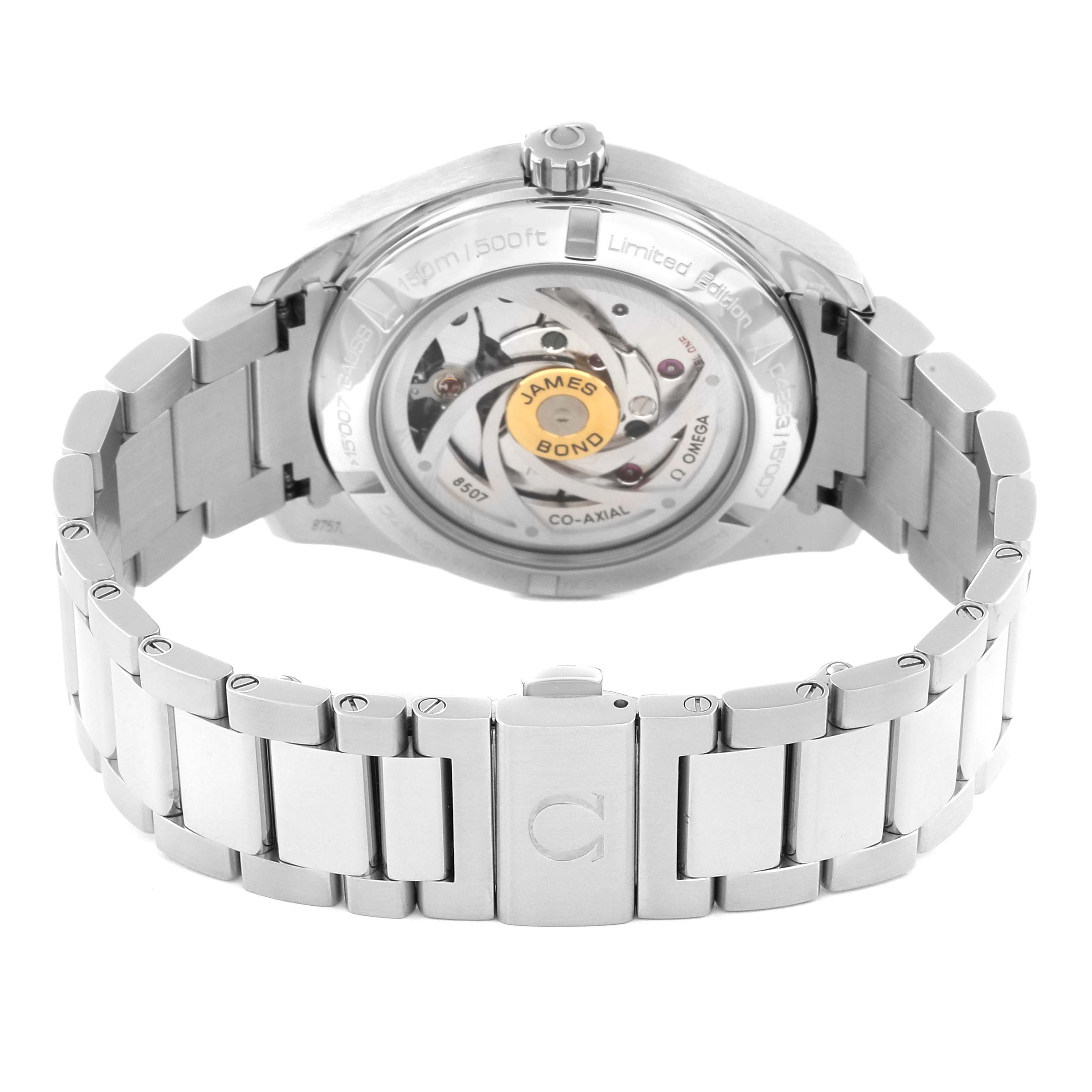 This image shows the back view of the Omega Aqua Terra 231.10.42.21.03.004 Men's Stainless Steel Blue Dial 231.10.42.21.03.004 Men's Stainless Steel Blue Dial watch, focusing on its metal bracelet and transparent case back.