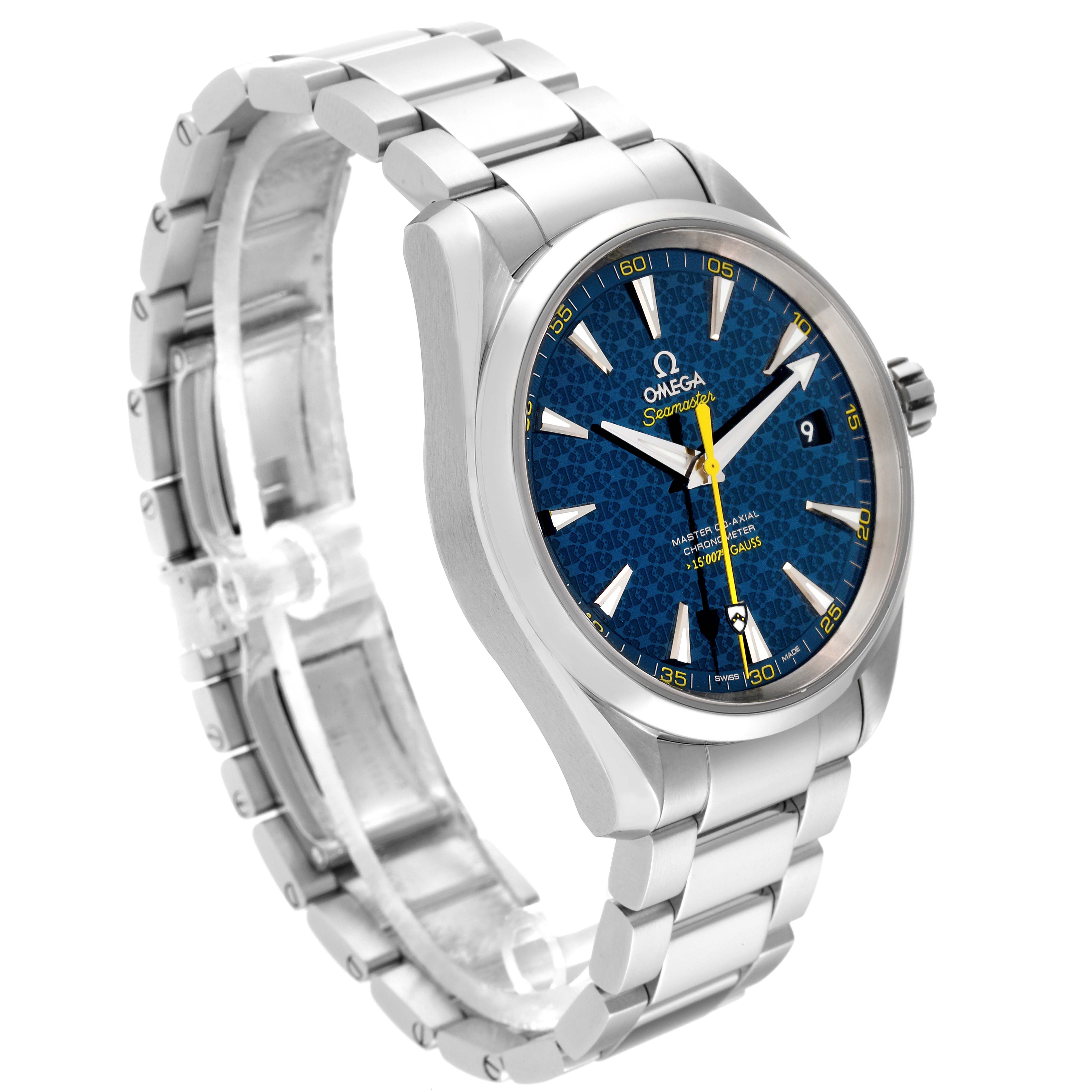 The image shows a side angle view of the Omega Aqua Terra 231.10.42.21.03.004 Men's Stainless Steel Blue Dial 231.10.42.21.03.004 Men's Stainless Steel Blue Dial's watch face, case, and bracelet.