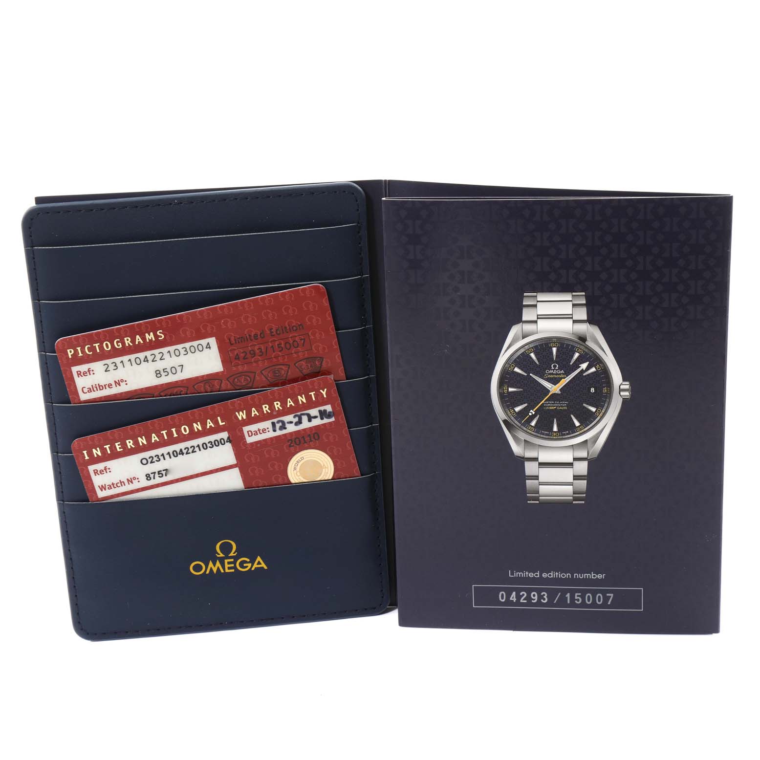 The image shows the warranty cards and a brochure featuring the Omega Aqua Terra 231.10.42.21.03.004 Men's Stainless Steel Blue Dial 231.10.42.21.03.004 Men's Stainless Steel Blue Dial watch model.