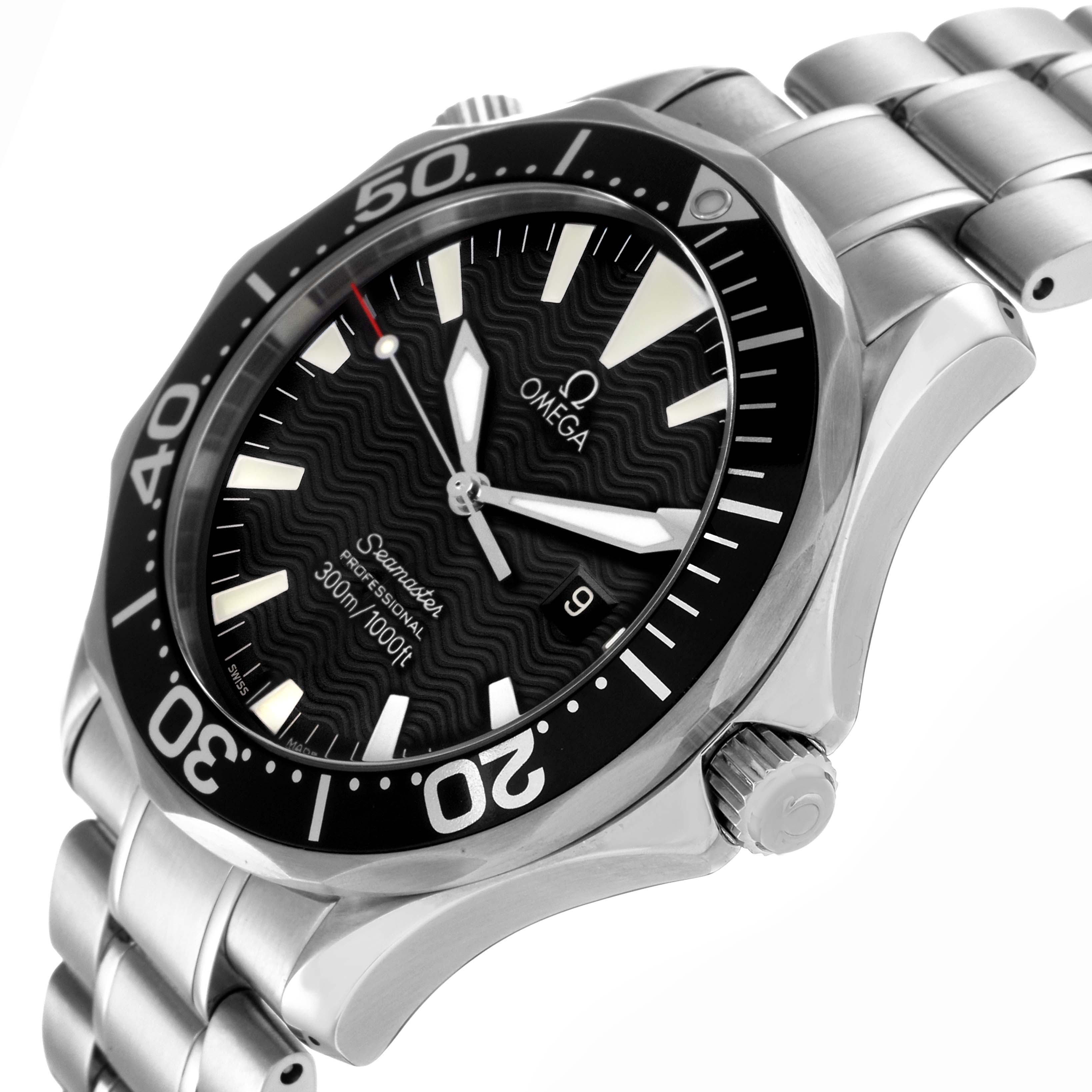 The Omega Seamaster 2264.50.00 Men
s Stainless Steel Black Dial 2264.50.00 Men
s Stainless Steel Black Dial watch is shown at an angled close-up, highlighting the black dial, bezel, crown, and stainless steel bracelet.