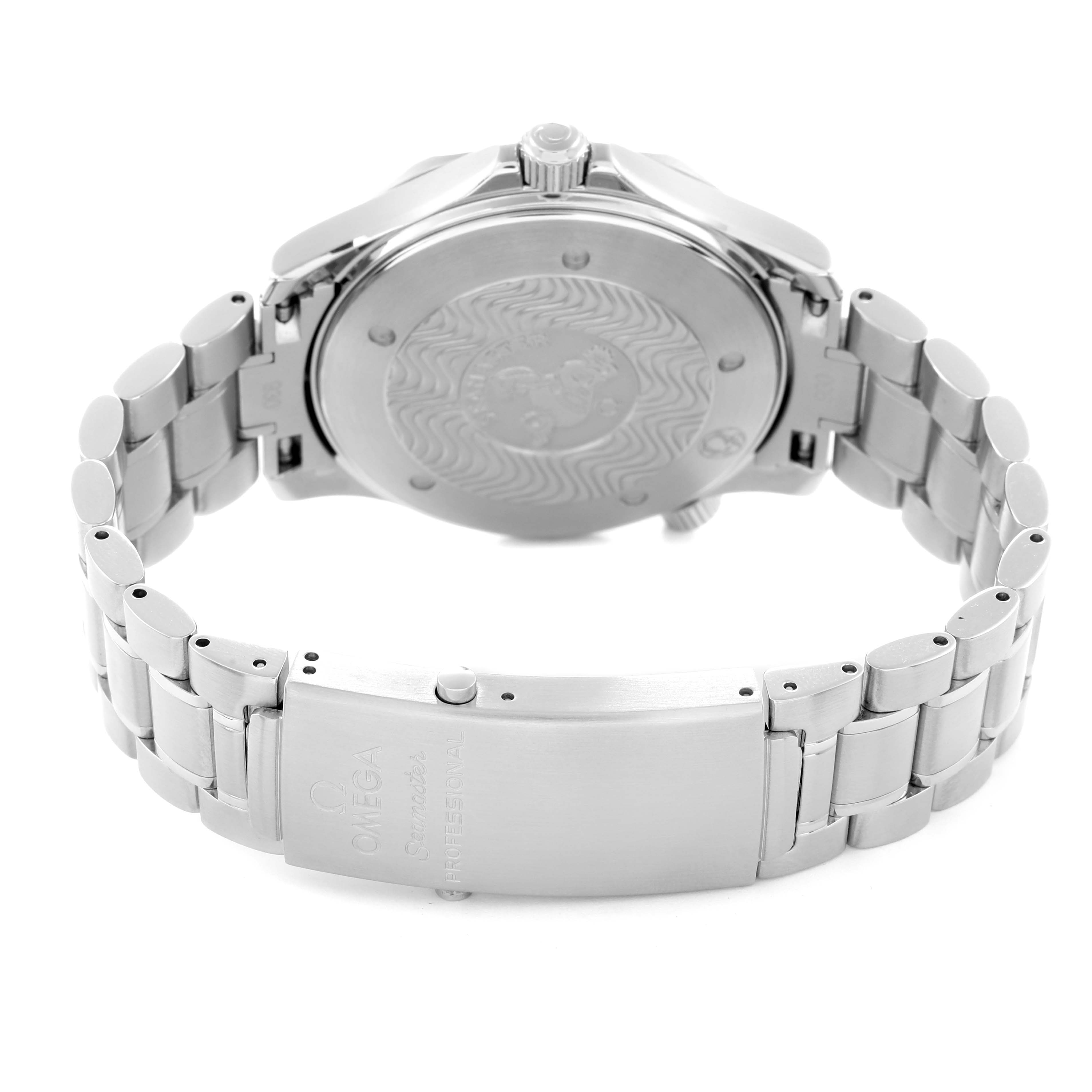 The image shows the back and clasp of an Omega Seamaster 2264.50.00 Men
s Stainless Steel Black Dial 2264.50.00 Men
s Stainless Steel Black Dial watch, highlighting the bracelet and case back design.