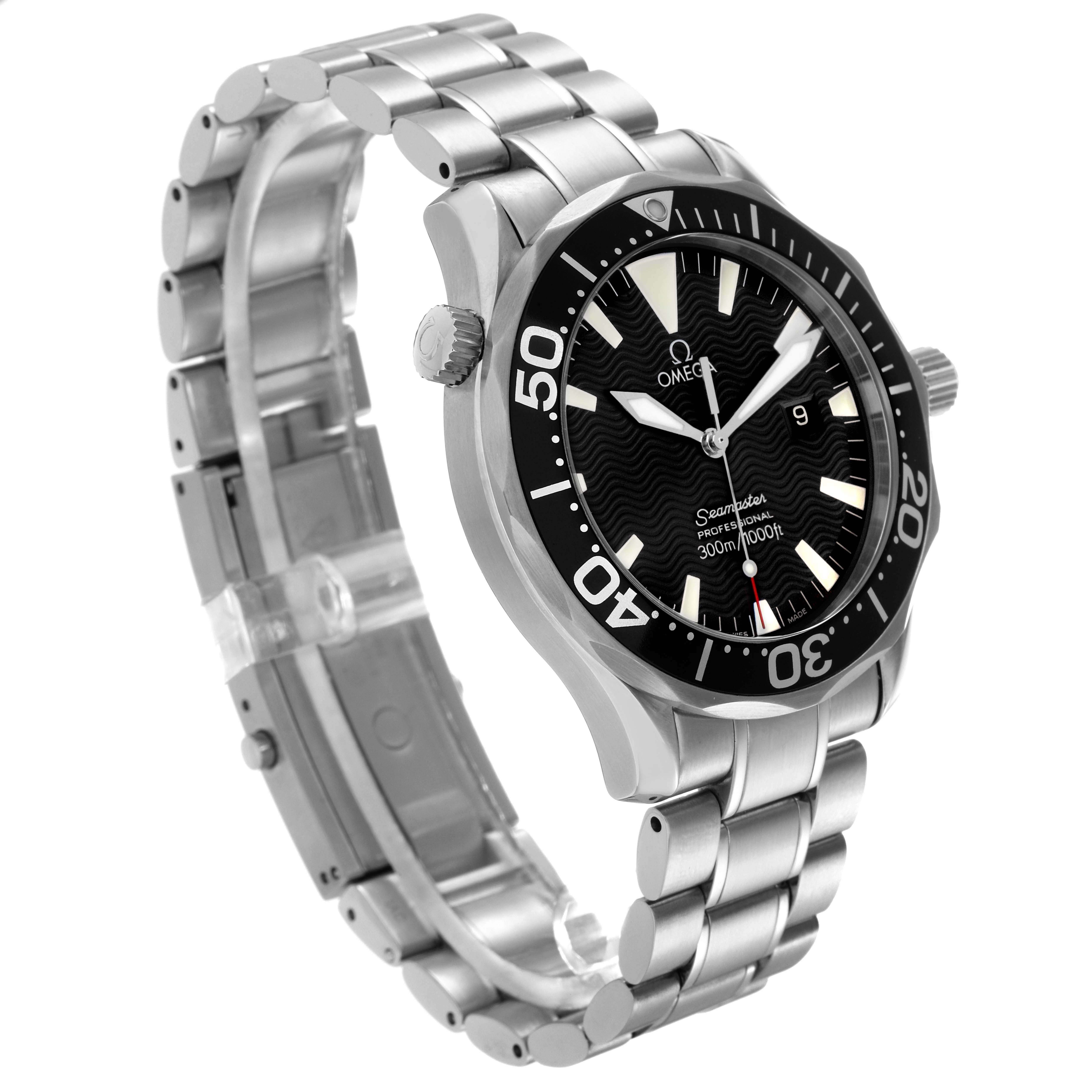 The Omega Seamaster 2264.50.00 Men
s Stainless Steel Black Dial 2264.50.00 Men
s Stainless Steel Black Dial is shown at an angle displaying the face, bezel, crown, and bracelet.