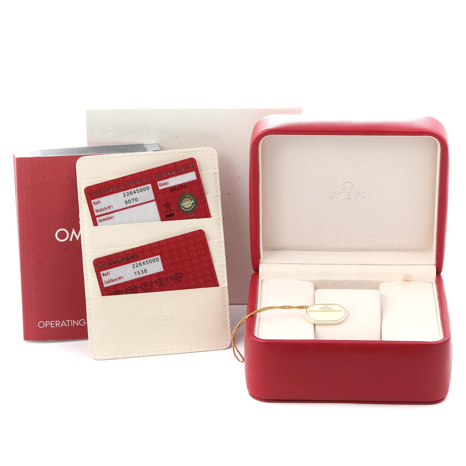 The image shows an Omega Seamaster 2264.50.00 Men
s Stainless Steel Black Dial 2264.50.00 Men
s Stainless Steel Black Dial watch box, warranty cards, and an operating instruction booklet.