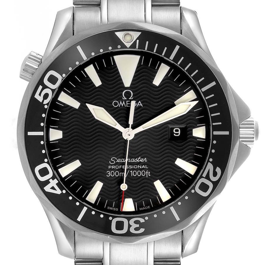 The Omega Seamaster watch is shown from a front angle, highlighting the dial, bezel, hands, and part of the bracelet.