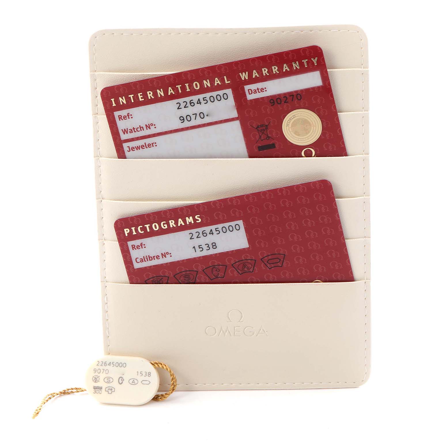 The image shows Omega Seamaster 2264.50.00 Men
s Stainless Steel Black Dial 2264.50.00 Men
s Stainless Steel Black Dial accessories, including warranty and pictogram cards in a holder.