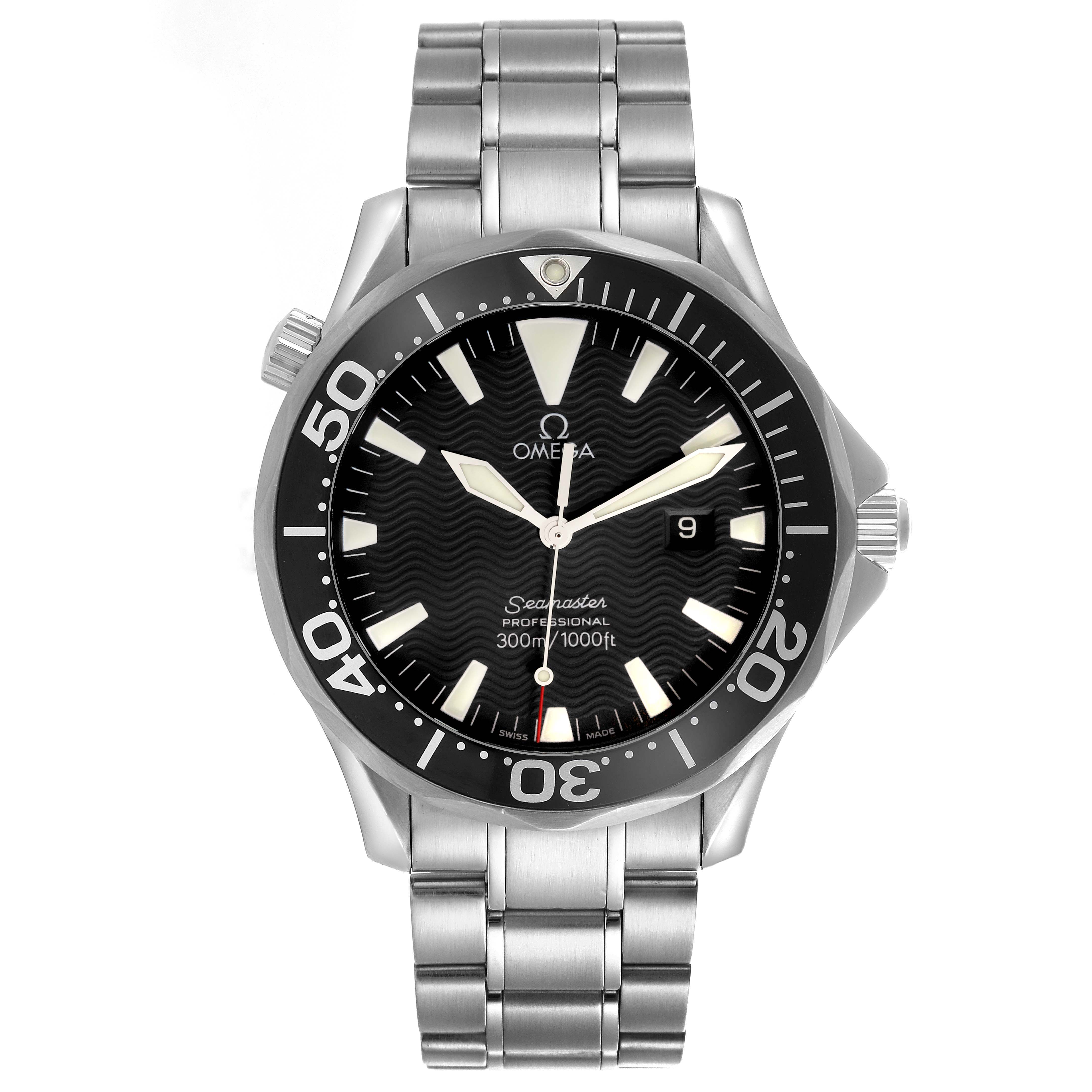 The Omega Seamaster 2264.50.00 Men
s Stainless Steel Black Dial 2264.50.00 Men
s Stainless Steel Black Dial watch is shown from the front, displaying the face, bezel, and bracelet.
