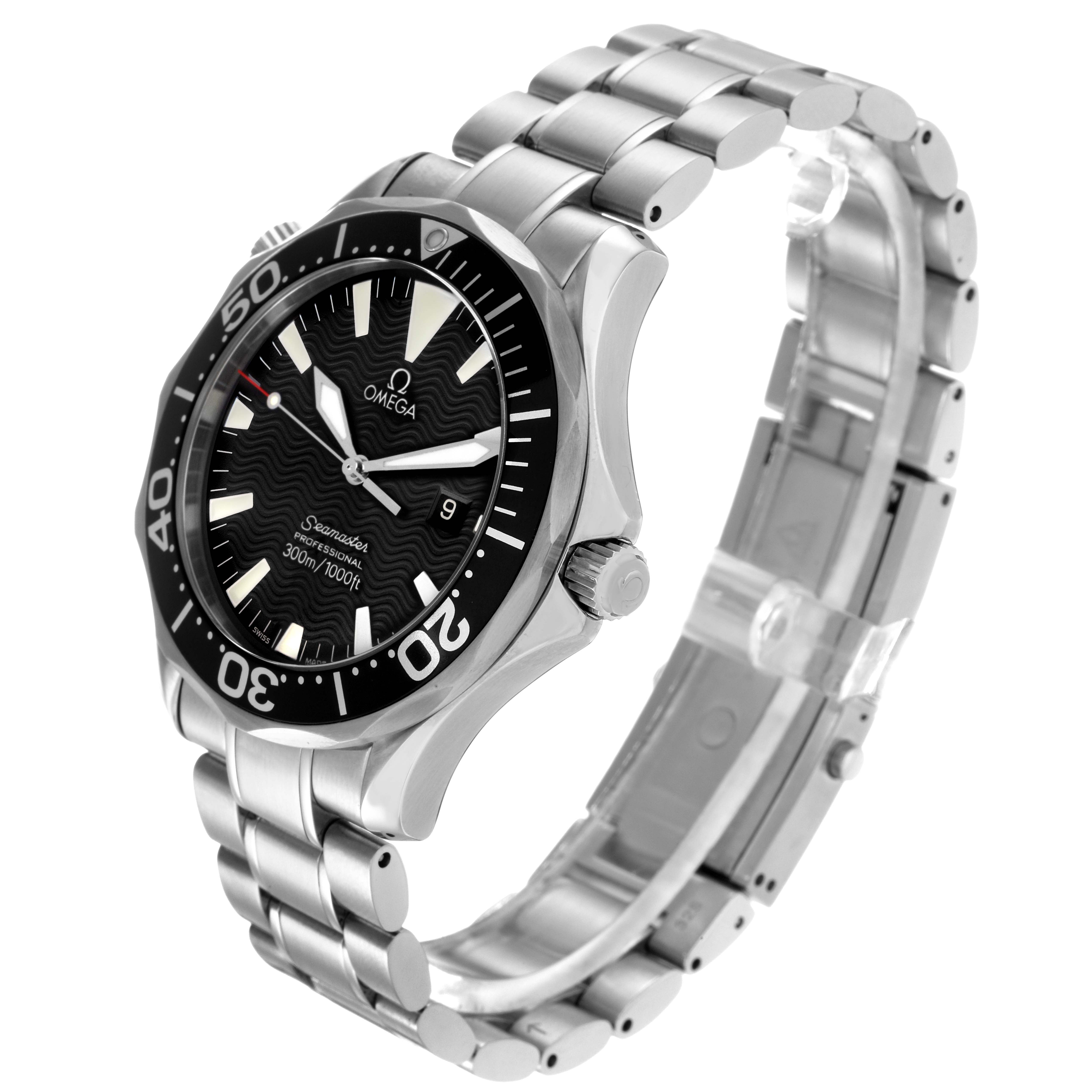 The Omega Seamaster 2264.50.00 Men
s Stainless Steel Black Dial 2264.50.00 Men
s Stainless Steel Black Dial watch is shown at a three-quarter angle, highlighting the face, bezel, and stainless steel bracelet.