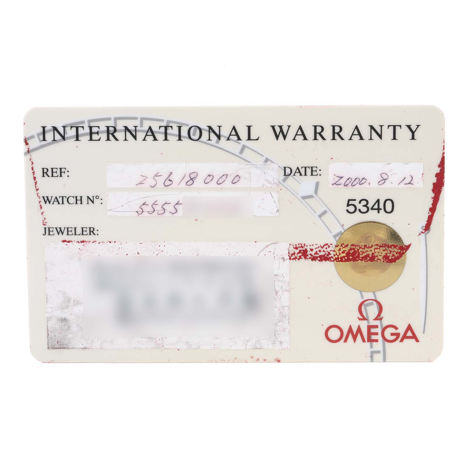 This image shows the International Warranty card for an Omega Seamaster 2561.80.00 Men's Stainless Steel Blue Dial 2561.80.00 Men's Stainless Steel Blue Dial watch.