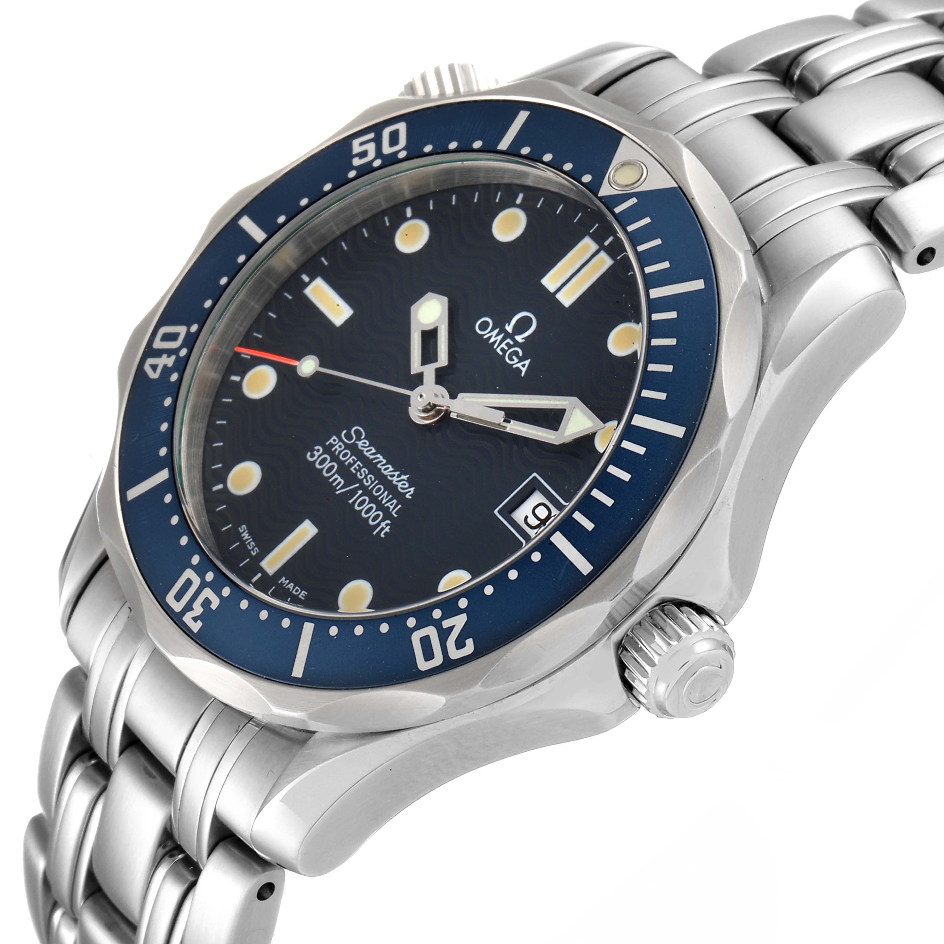 The image shows an angled view of the Omega Seamaster 2561.80.00 Men's Stainless Steel Blue Dial 2561.80.00 Men's Stainless Steel Blue Dial watch, highlighting the dial, bezel, crown, and stainless steel bracelet.