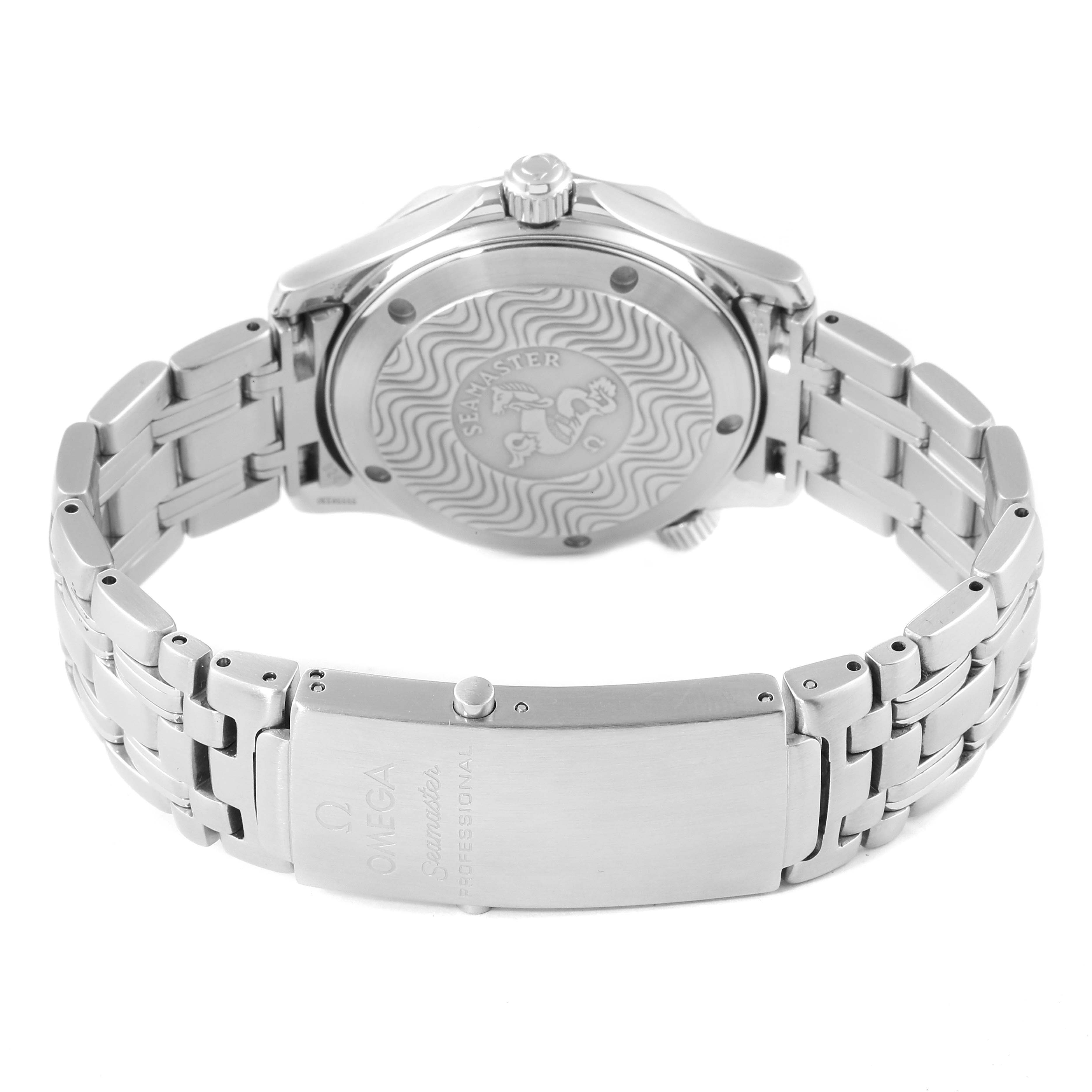 The image shows the back of the Omega Seamaster 2561.80.00 Men's Stainless Steel Blue Dial 2561.80.00 Men's Stainless Steel Blue Dial watch and its metal bracelet with the clasp visible.