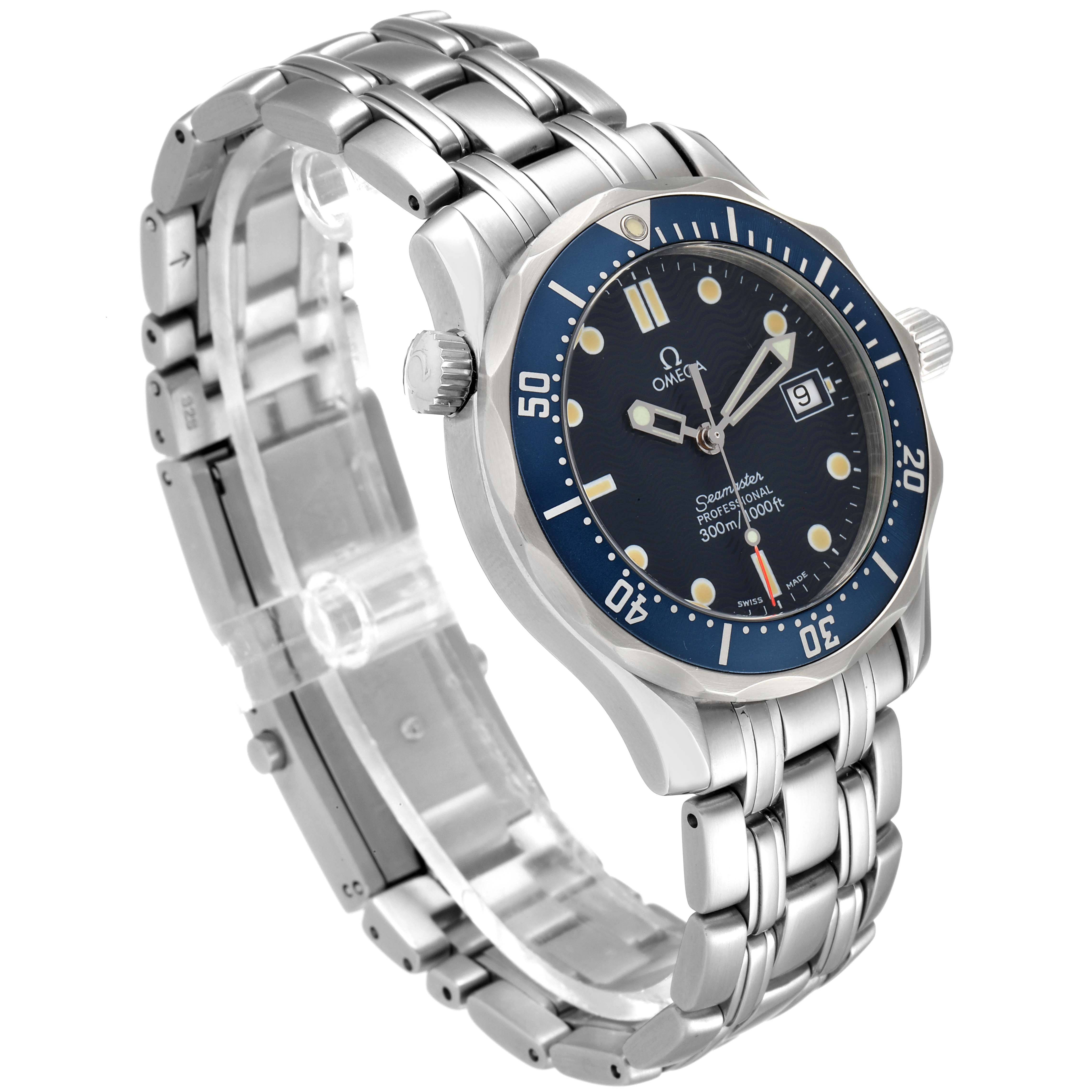 The image shows an Omega Seamaster 2561.80.00 Men's Stainless Steel Blue Dial 2561.80.00 Men's Stainless Steel Blue Dial watch at a three-quarter angle, highlighting its face, bezel, crown, and bracelet.