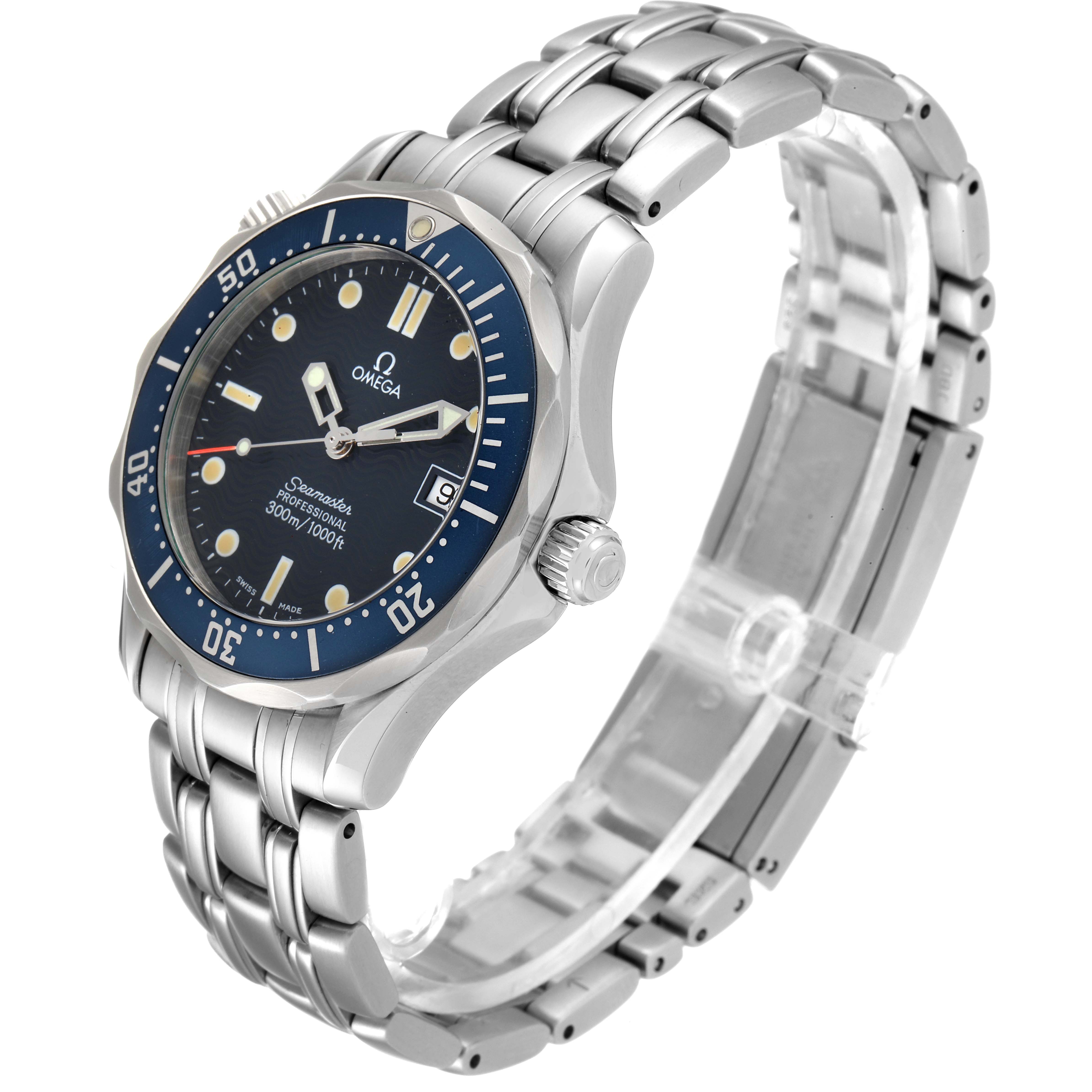 This Omega Seamaster 2561.80.00 Men's Stainless Steel Blue Dial 2561.80.00 Men's Stainless Steel Blue Dial watch is shown at a three-quarter angle, displaying its face, bezel, crown, and bracelet.