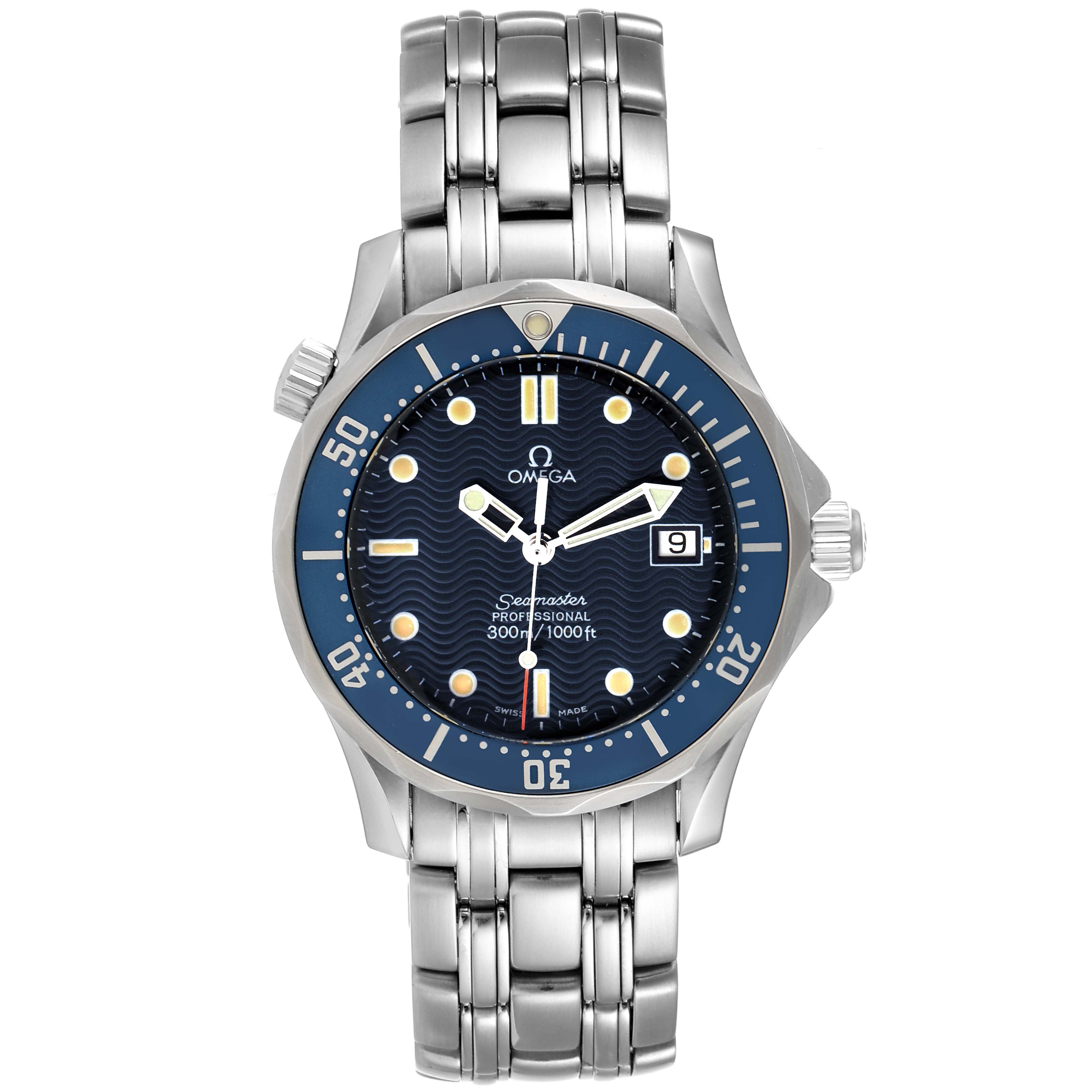 This image shows a front view of the Omega Seamaster 2561.80.00 Men's Stainless Steel Blue Dial 2561.80.00 Men's Stainless Steel Blue Dial watch, including the face, bezel, and stainless steel bracelet.