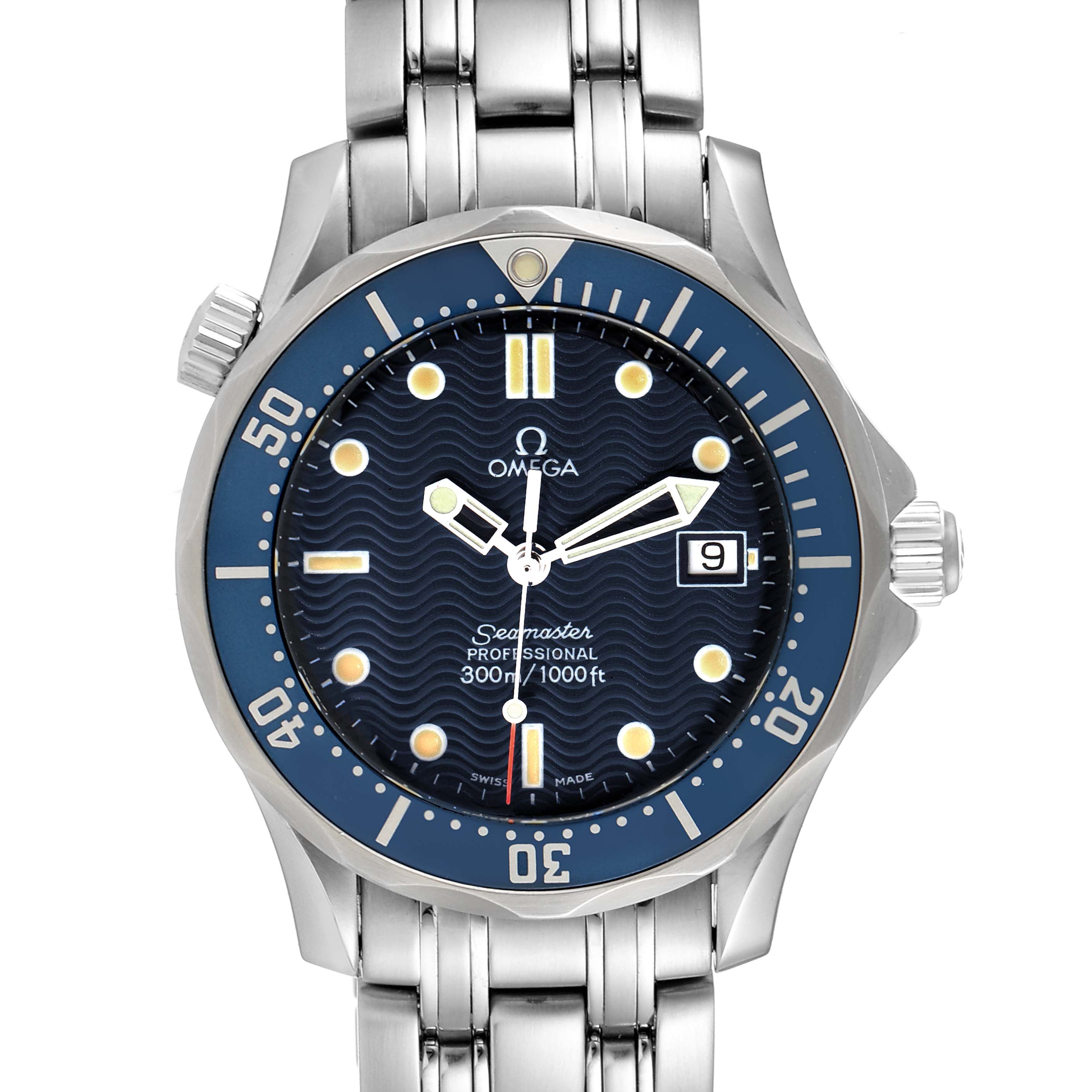 The image shows a front view of an Omega Seamaster 2561.80.00 Men's Stainless Steel Blue Dial 2561.80.00 Men's Stainless Steel Blue Dial watch with a blue dial and stainless steel bracelet.