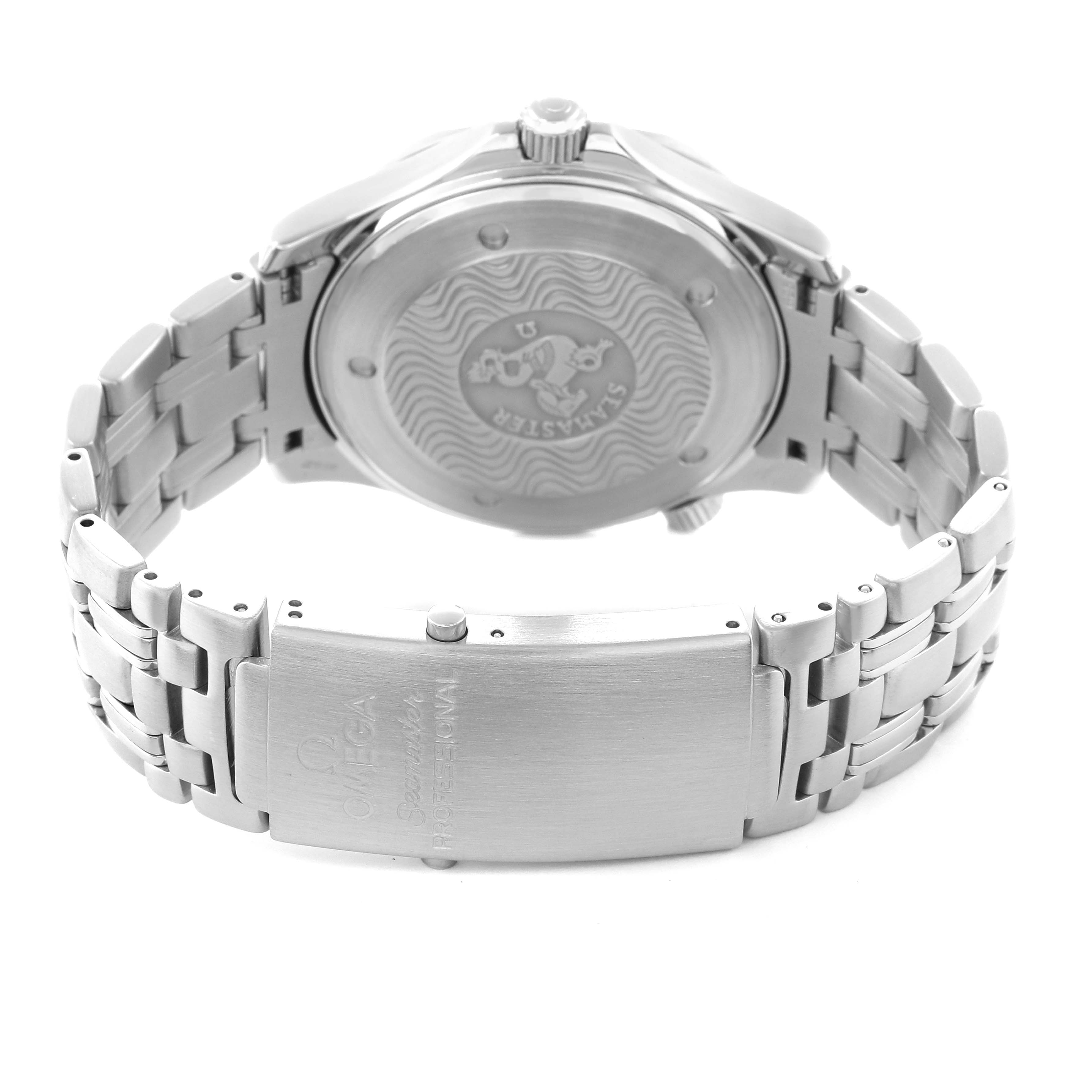 The Omega Seamaster 2531.80.00 Men
s Stainless Steel Blue Dial 2531.80.00 Men
s Stainless Steel Blue Dial watch is shown from the back, highlighting the case back and metal bracelet with a clasp.