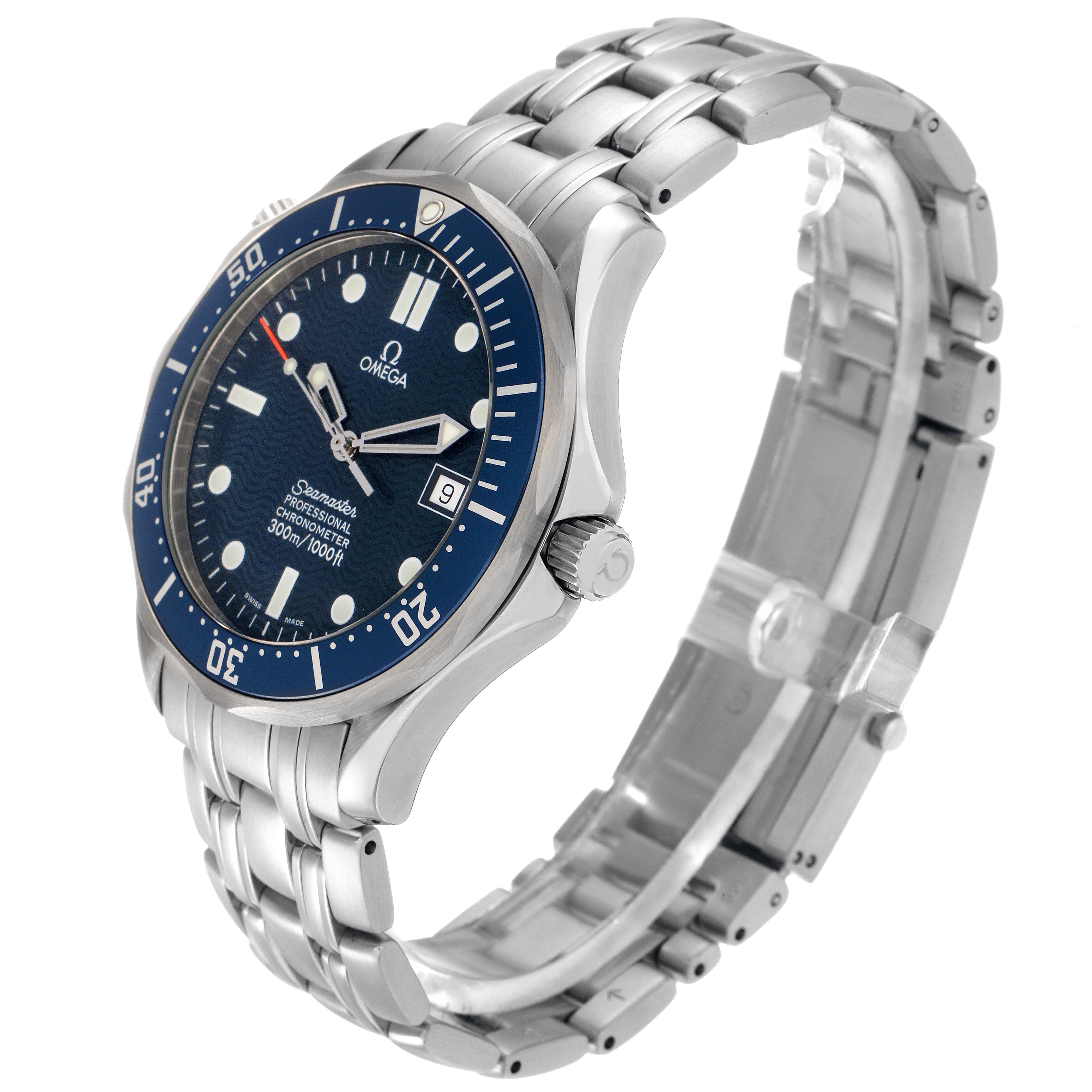 The Omega Seamaster 2531.80.00 Men
s Stainless Steel Blue Dial 2531.80.00 Men
s Stainless Steel Blue Dial is shown at a three-quarter angle displaying the face, bezel, crown, and part of the bracelet.