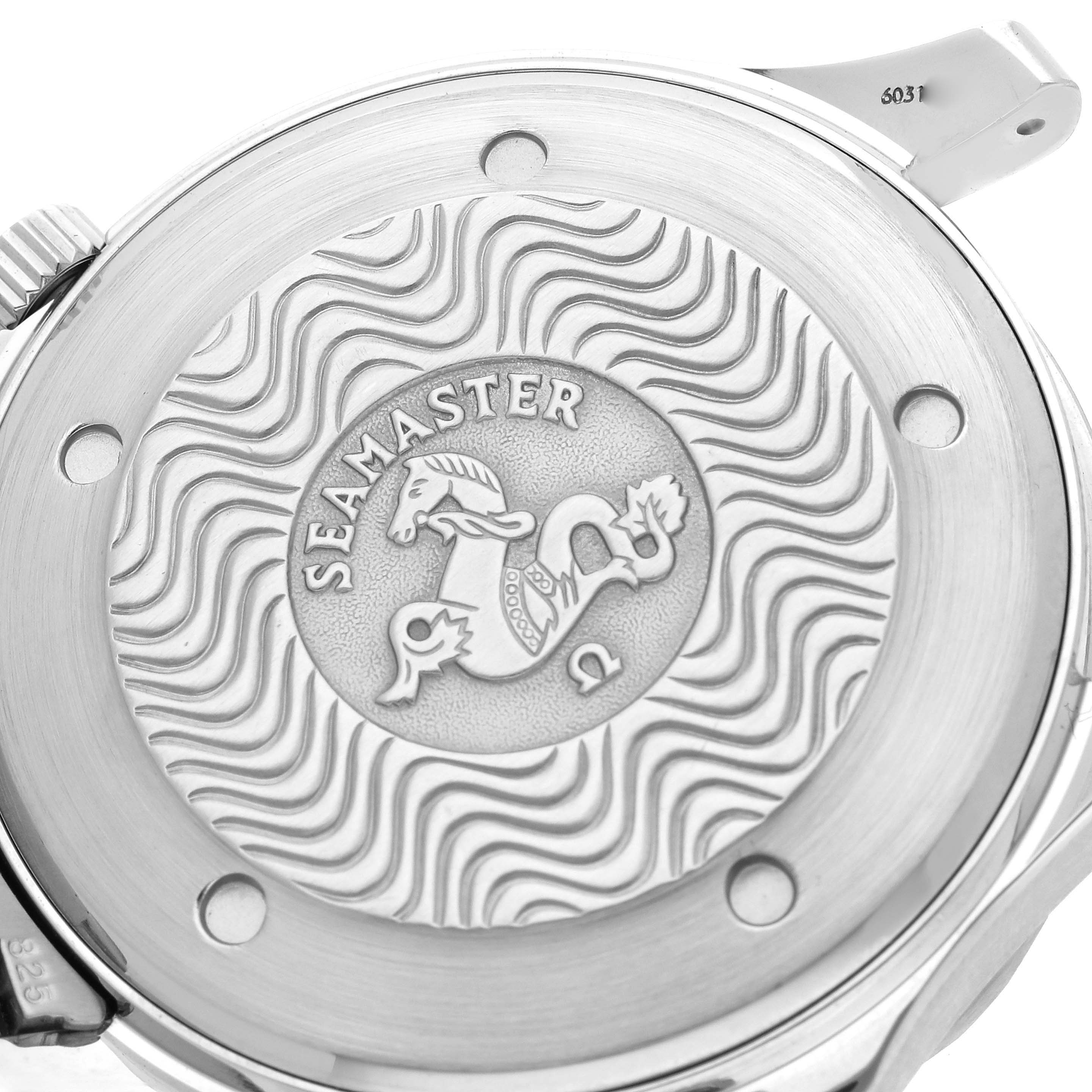 The image shows the intricate back case of an Omega Seamaster 2531.80.00 Men
s Stainless Steel Blue Dial 2531.80.00 Men
s Stainless Steel Blue Dial watch with the brand
s logo and decorative patterns.