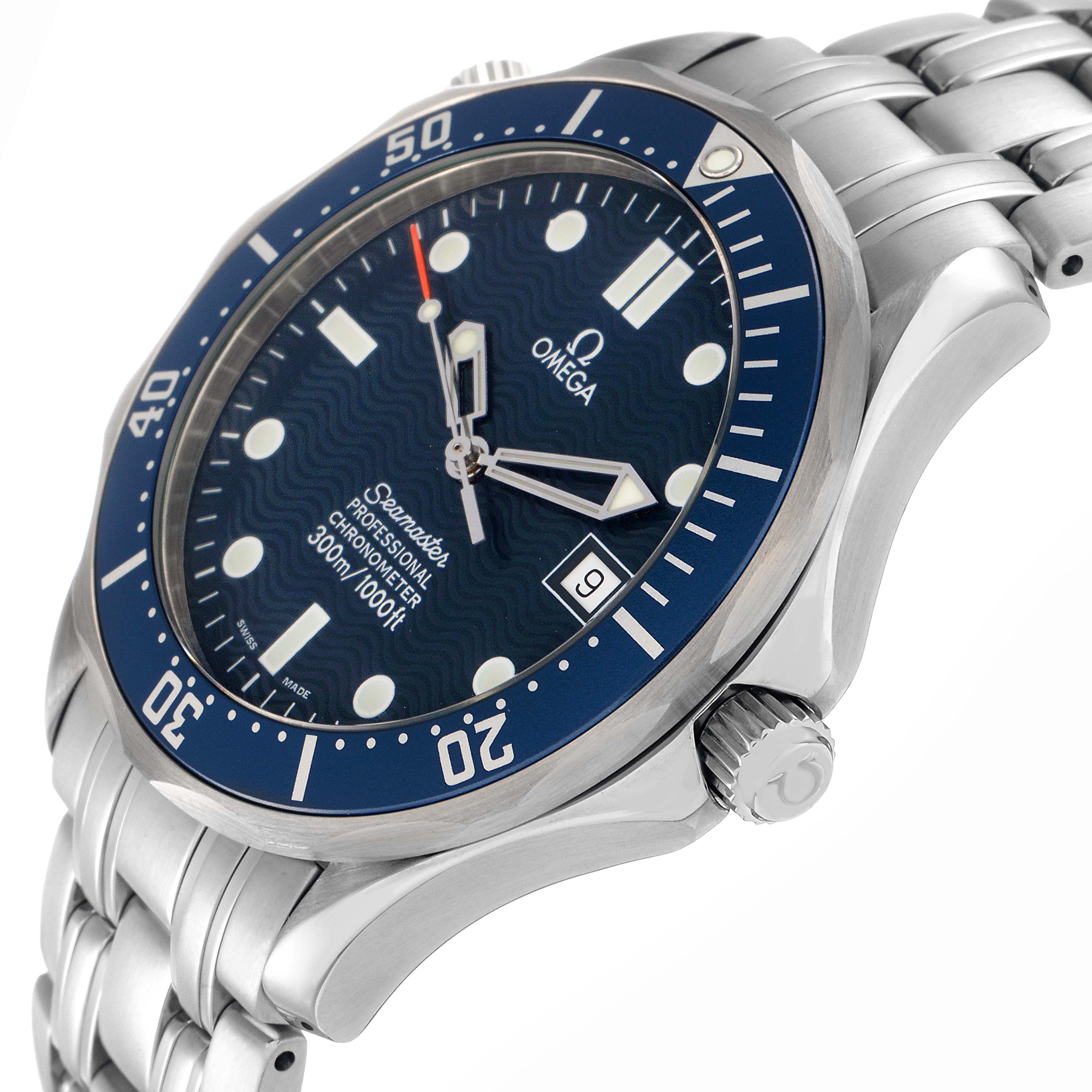 The Omega Seamaster 2531.80.00 Men
s Stainless Steel Blue Dial 2531.80.00 Men
s Stainless Steel Blue Dial watch is shown at an angled side view, displaying the dial, bezel, crown, and part of the bracelet.