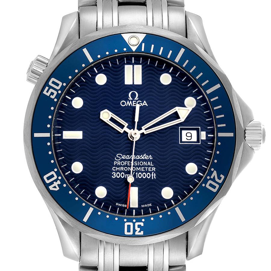 The Omega Seamaster watch is shown from the front, highlighting the dial, bezel, and bracelet.