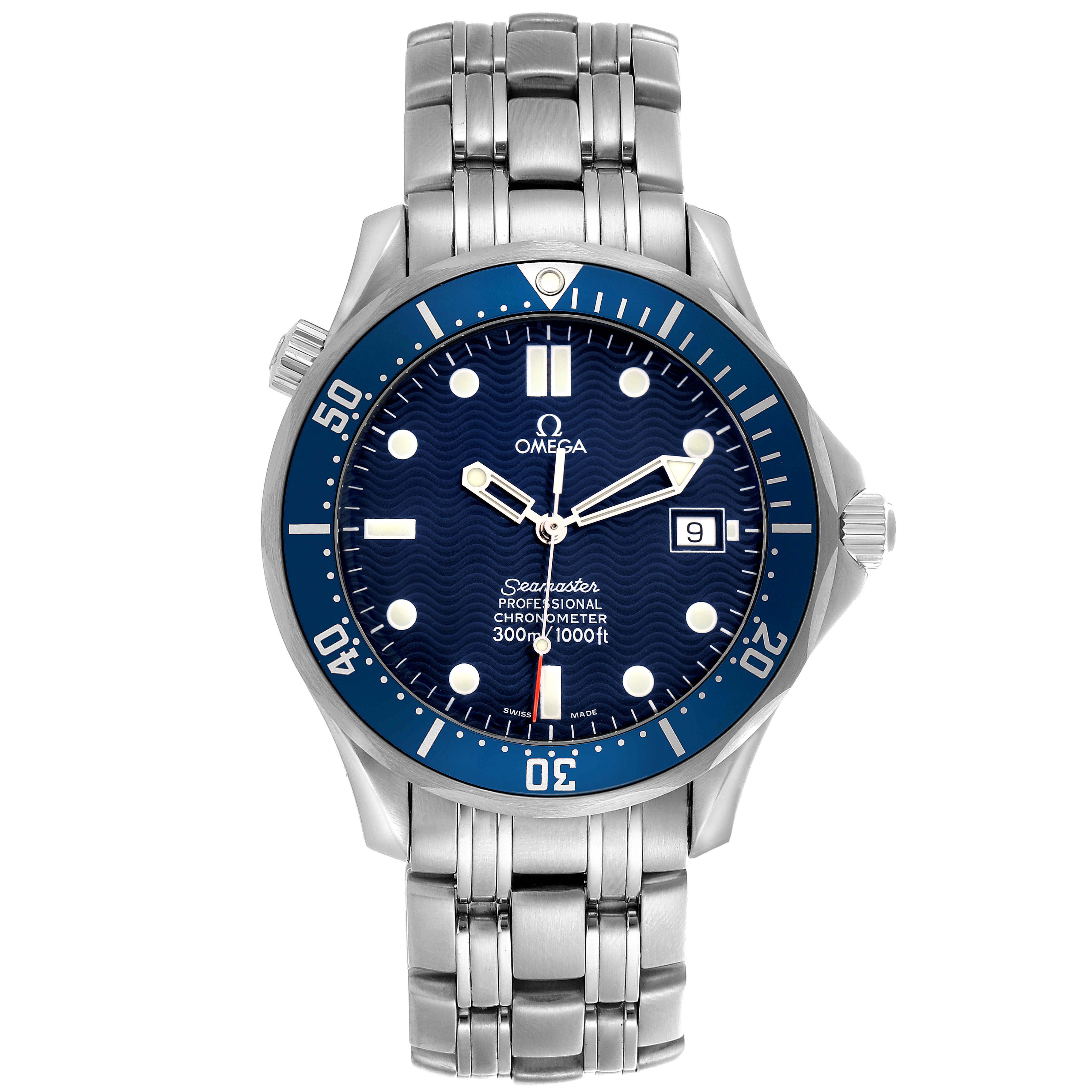 The Omega Seamaster 2531.80.00 Men
s Stainless Steel Blue Dial 2531.80.00 Men
s Stainless Steel Blue Dial watch is shown from a front angle, displaying the dial, bezel, bracelet, and crown.