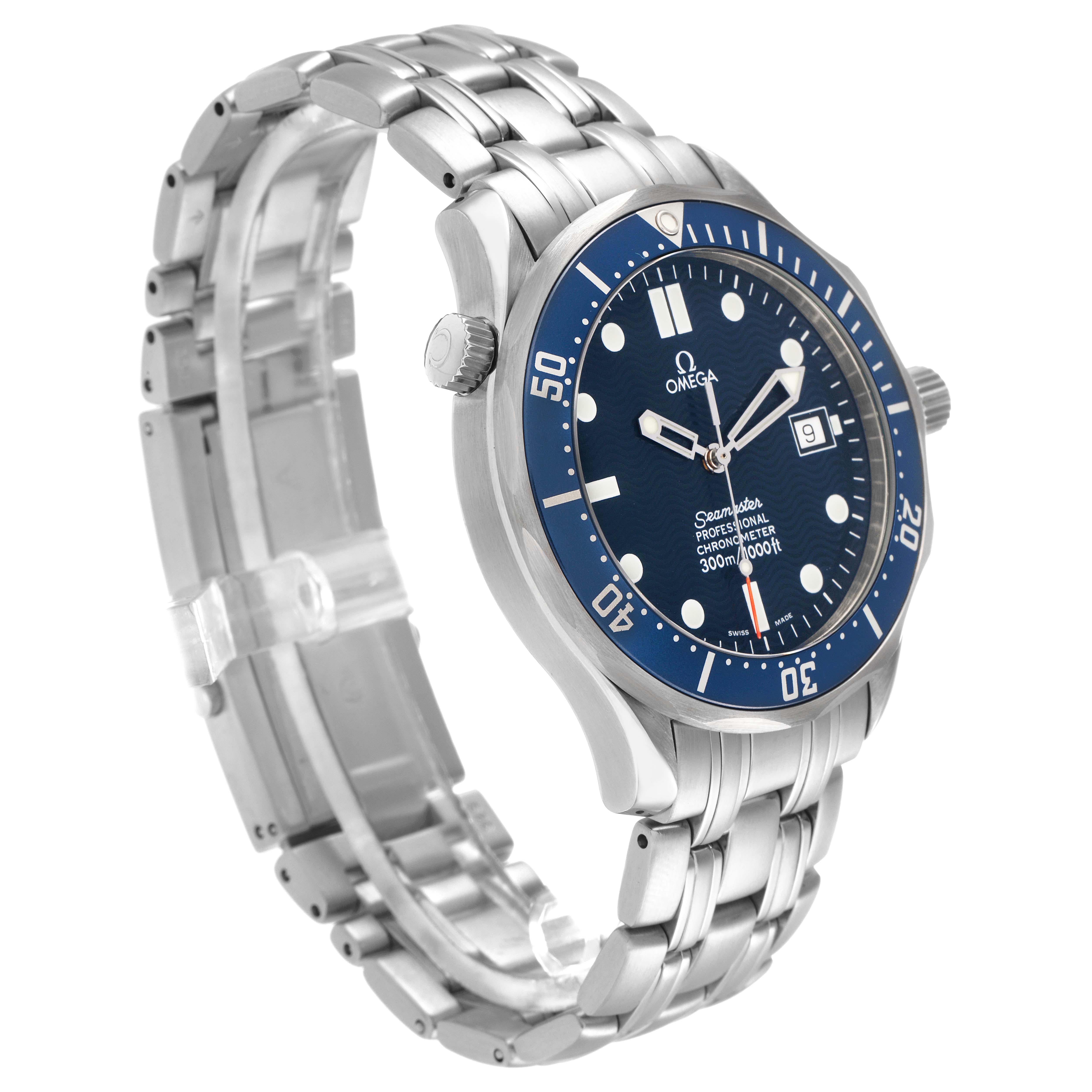 The Omega Seamaster 2531.80.00 Men
s Stainless Steel Blue Dial 2531.80.00 Men
s Stainless Steel Blue Dial watch is shown at a three-quarter angle, displaying the face, bezel, crown, and part of the bracelet.