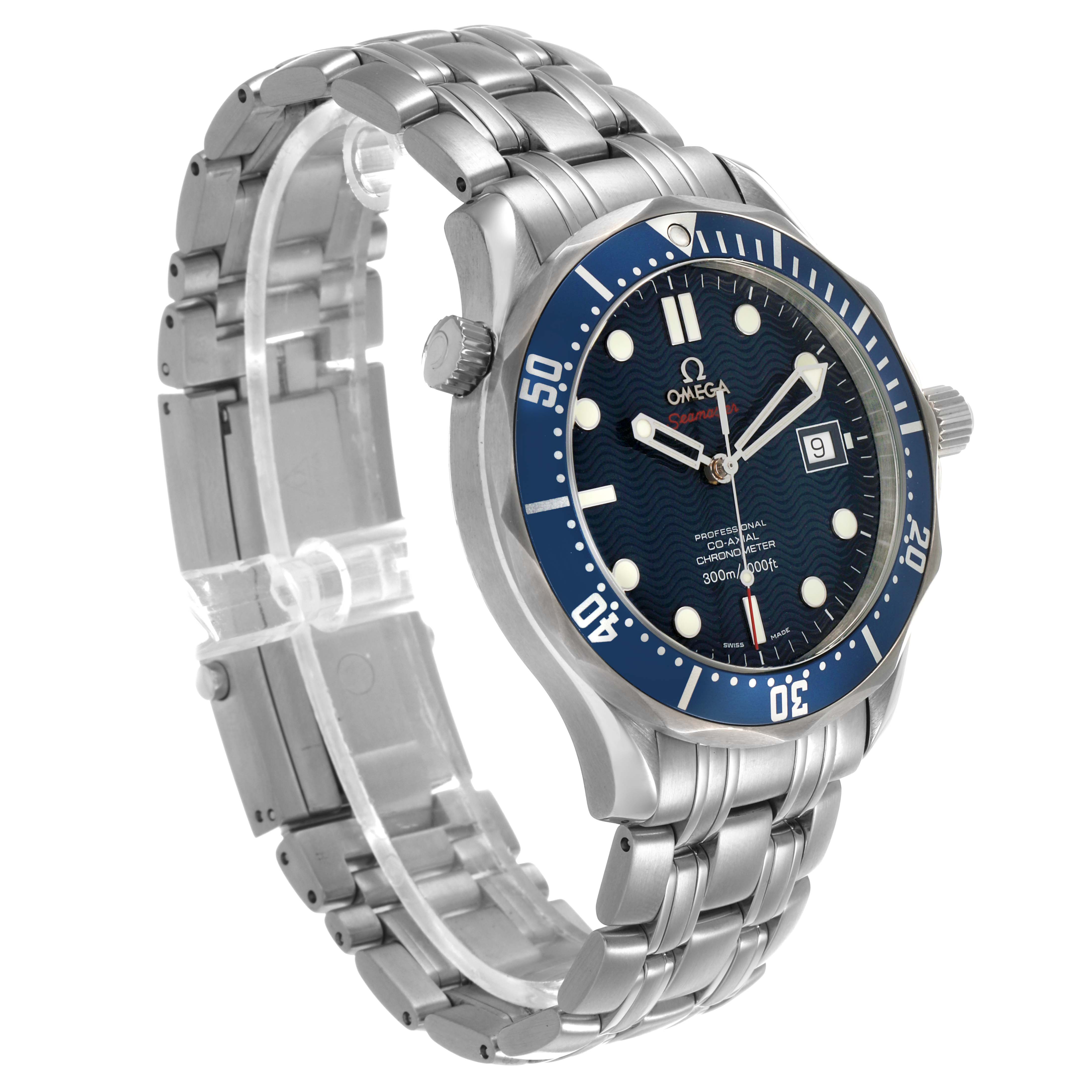 The Omega Seamaster 2220.80.00 Men's Stainless Steel Blue Dial watch is shown at a three-quarter angle, highlighting the bezel, dial, case, and bracelet.