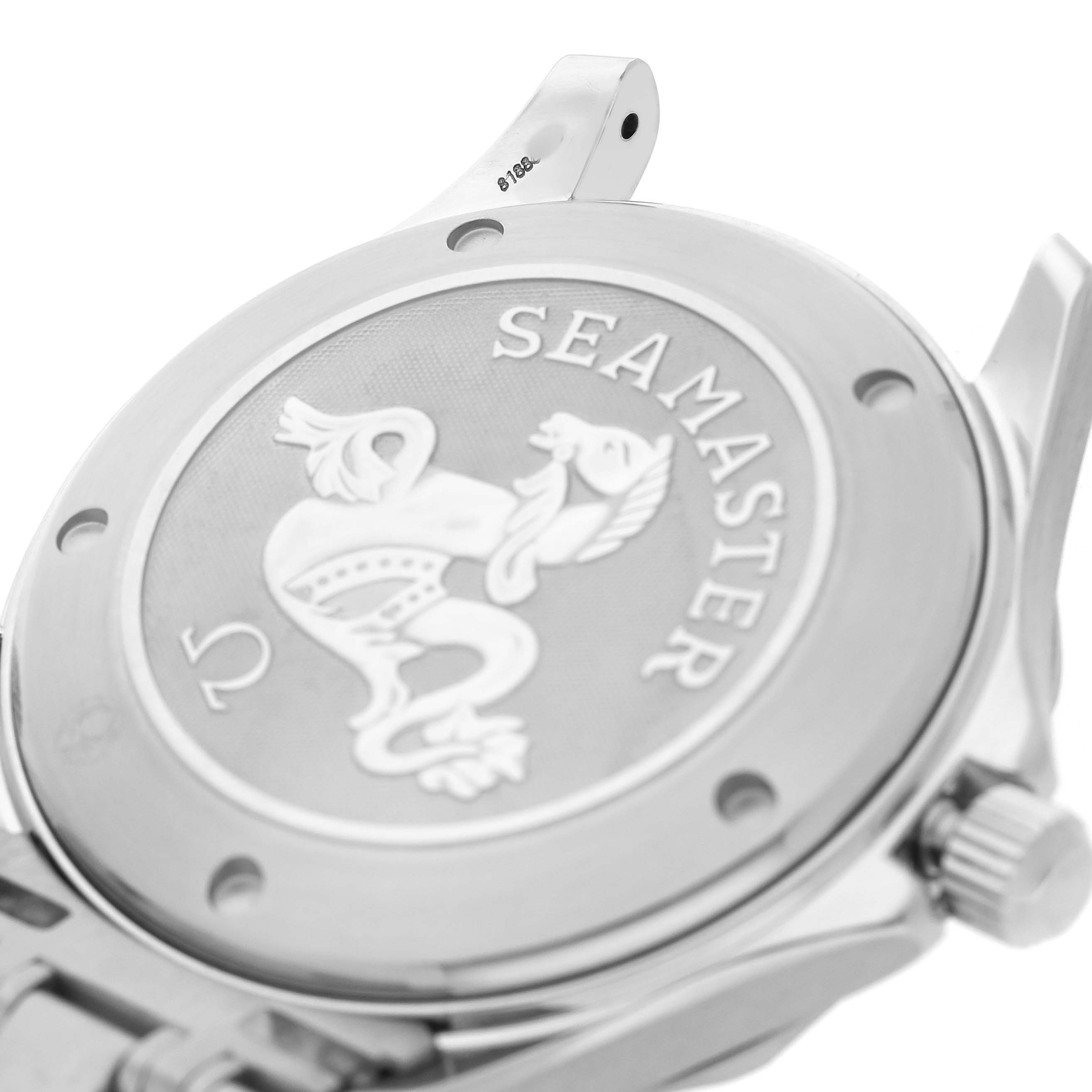 The image shows the back of an Omega Seamaster 2220.80.00 Men's Stainless Steel Blue Dial watch, highlighting its engraved case back.